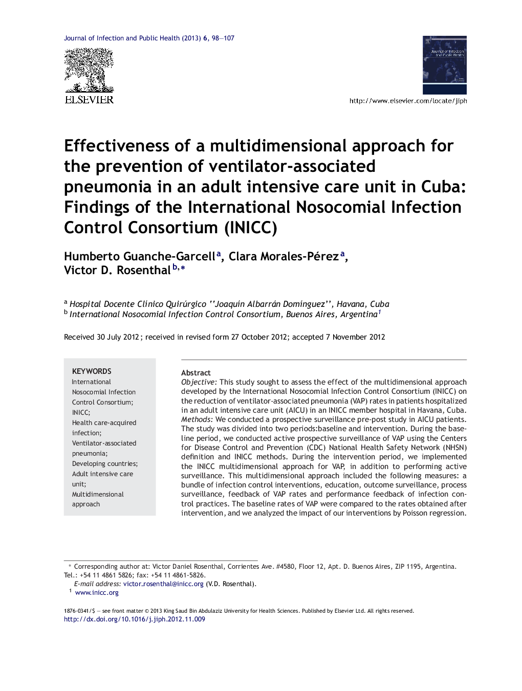 Effectiveness of a multidimensional approach for the prevention of ventilator-associated pneumonia in an adult intensive care unit in Cuba: Findings of the International Nosocomial Infection Control Consortium (INICC)