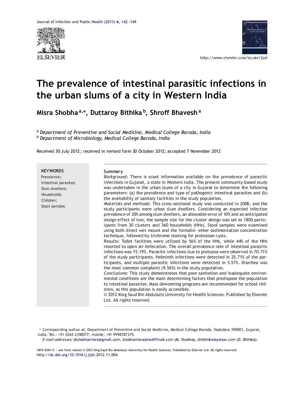 The prevalence of intestinal parasitic infections in the urban slums of a city in Western India