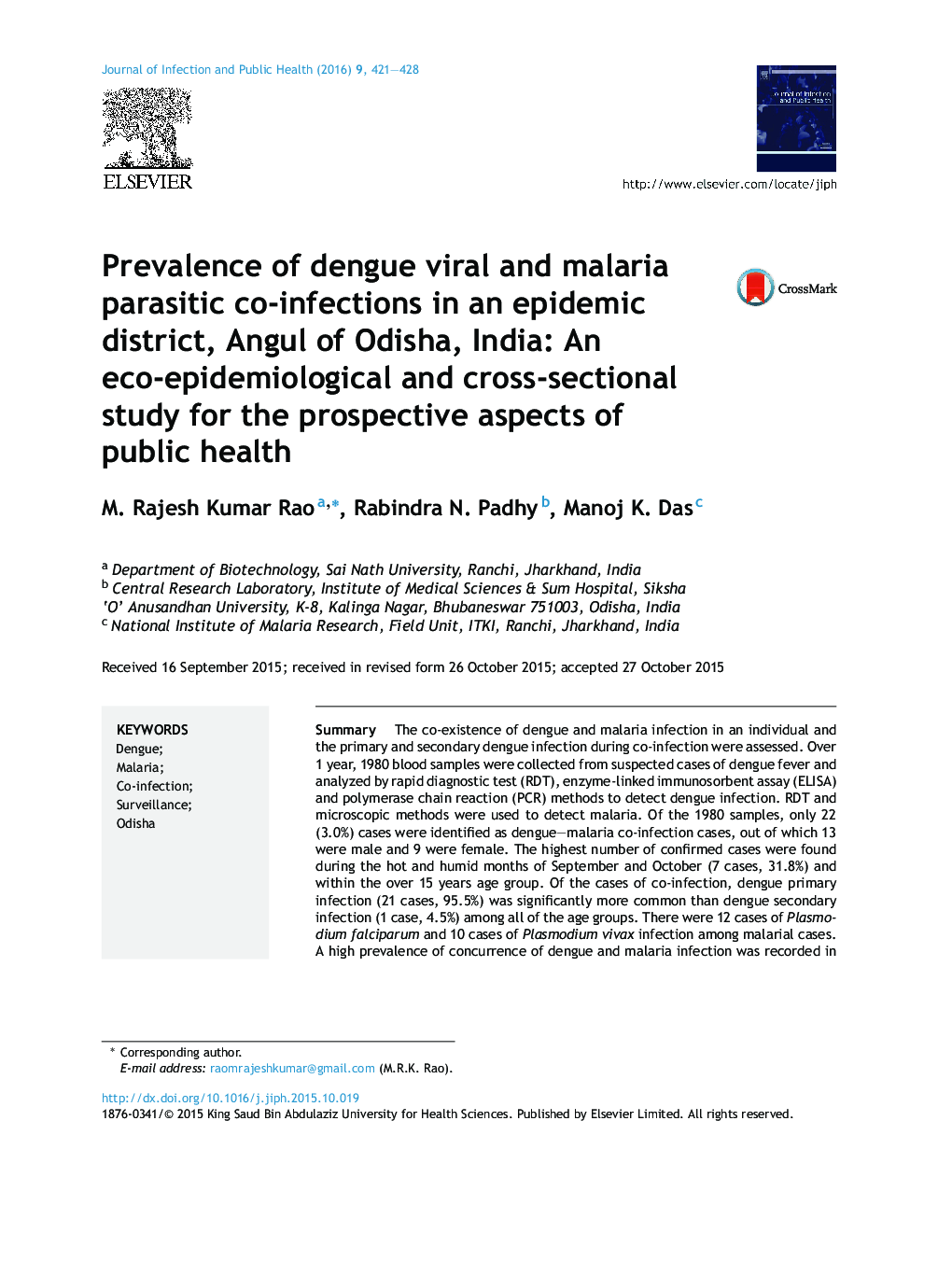 Prevalence of dengue viral and malaria parasitic co-infections in an epidemic district, Angul of Odisha, India: An eco-epidemiological and cross-sectional study for the prospective aspects of public health