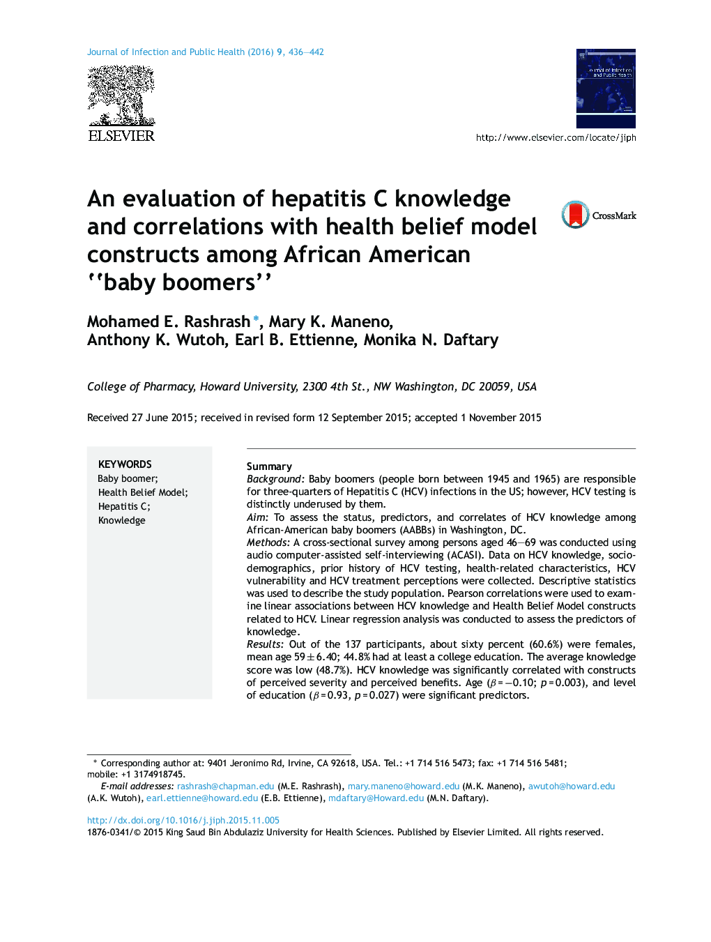 An evaluation of hepatitis C knowledge and correlations with health belief model constructs among African American “baby boomers”