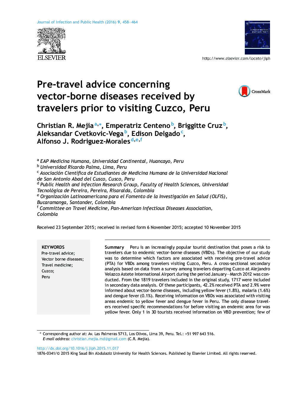 Pre-travel advice concerning vector-borne diseases received by travelers prior to visiting Cuzco, Peru