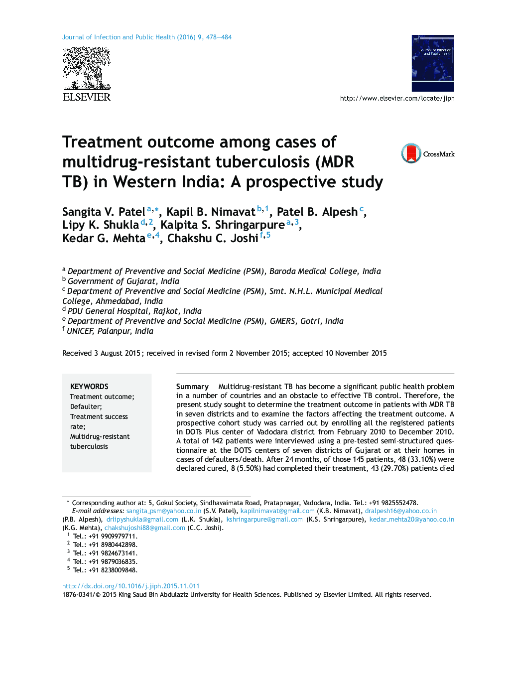 Treatment outcome among cases of multidrug-resistant tuberculosis (MDR TB) in Western India: A prospective study