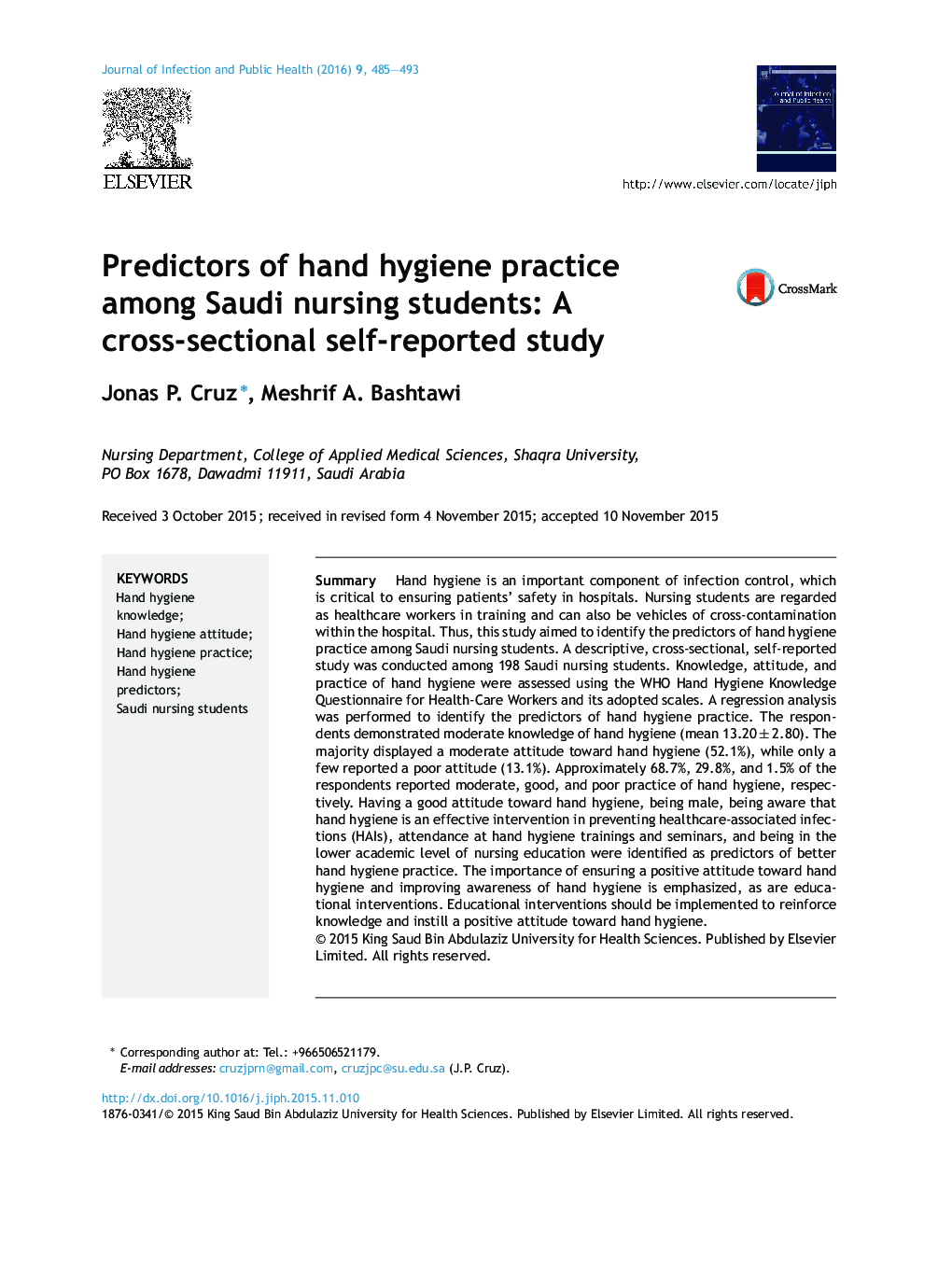 Predictors of hand hygiene practice among Saudi nursing students: A cross-sectional self-reported study