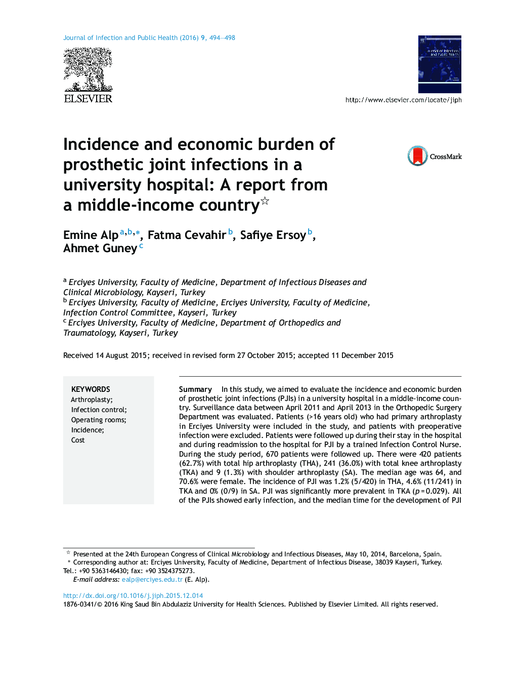 Incidence and economic burden of prosthetic joint infections in a university hospital: A report from a middle-income country 