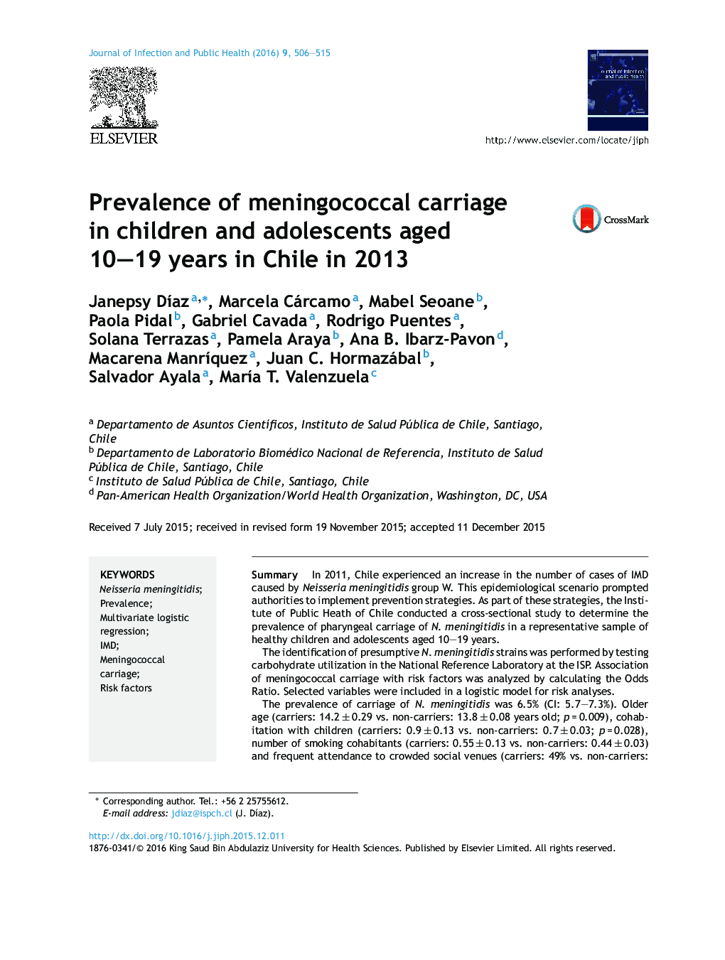 شیوع حمل مننژیت در کودکان و نوجوانان 10 تا 19 ساله در شیلی در سال 2013