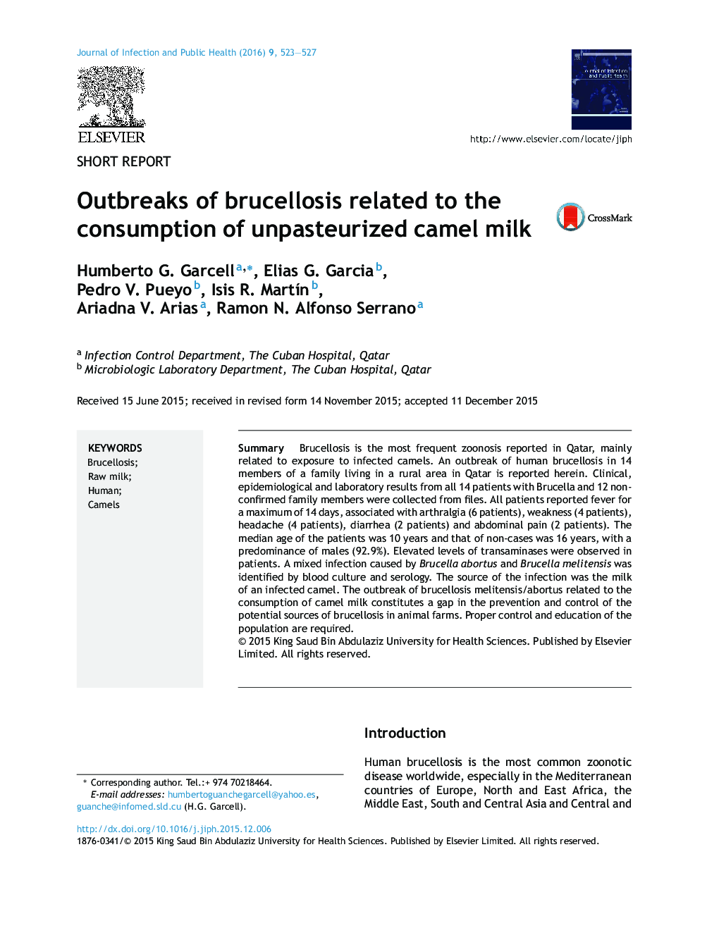 Outbreaks of brucellosis related to the consumption of unpasteurized camel milk