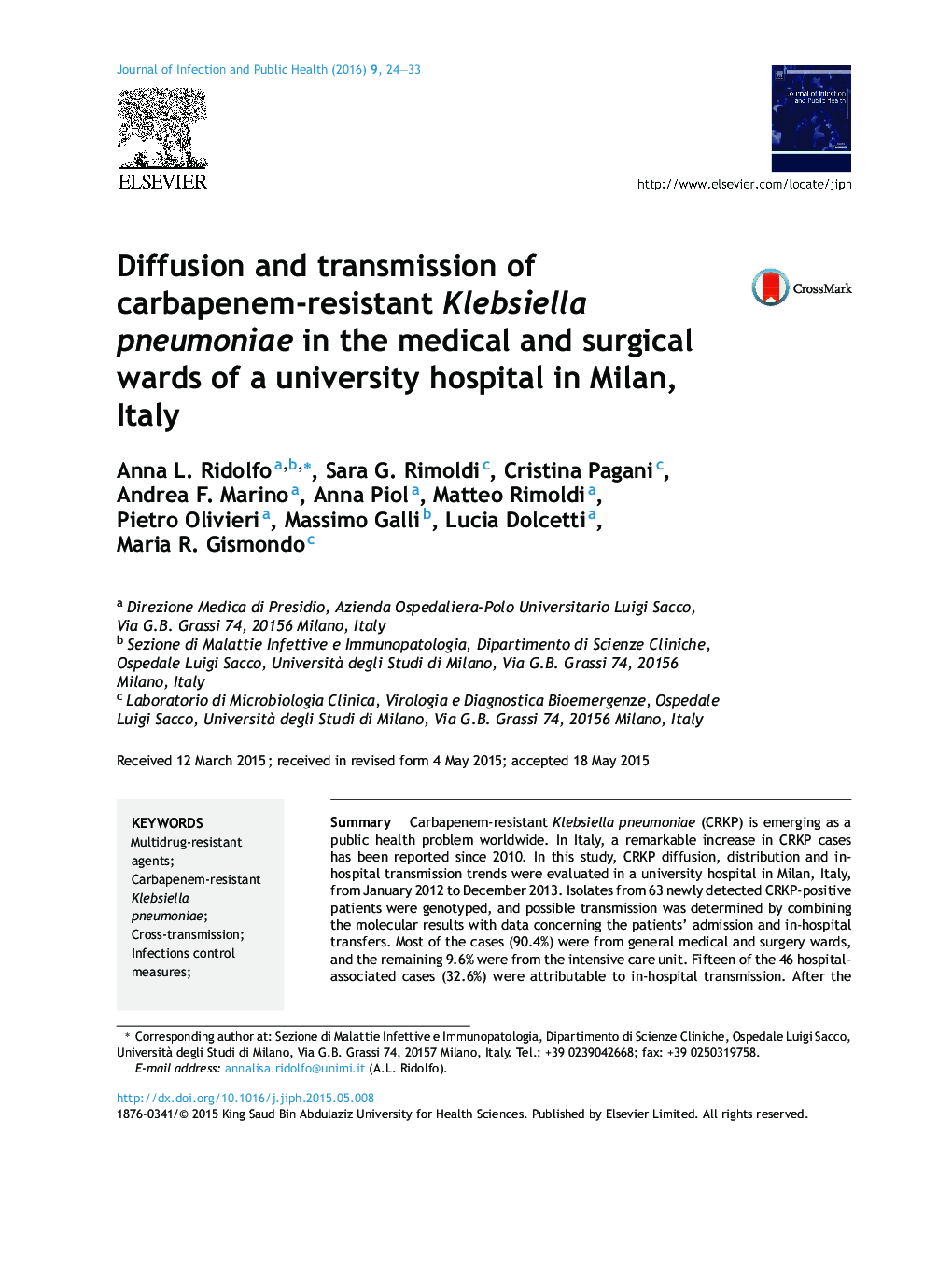 Diffusion and transmission of carbapenem-resistant Klebsiella pneumoniae in the medical and surgical wards of a university hospital in Milan, Italy