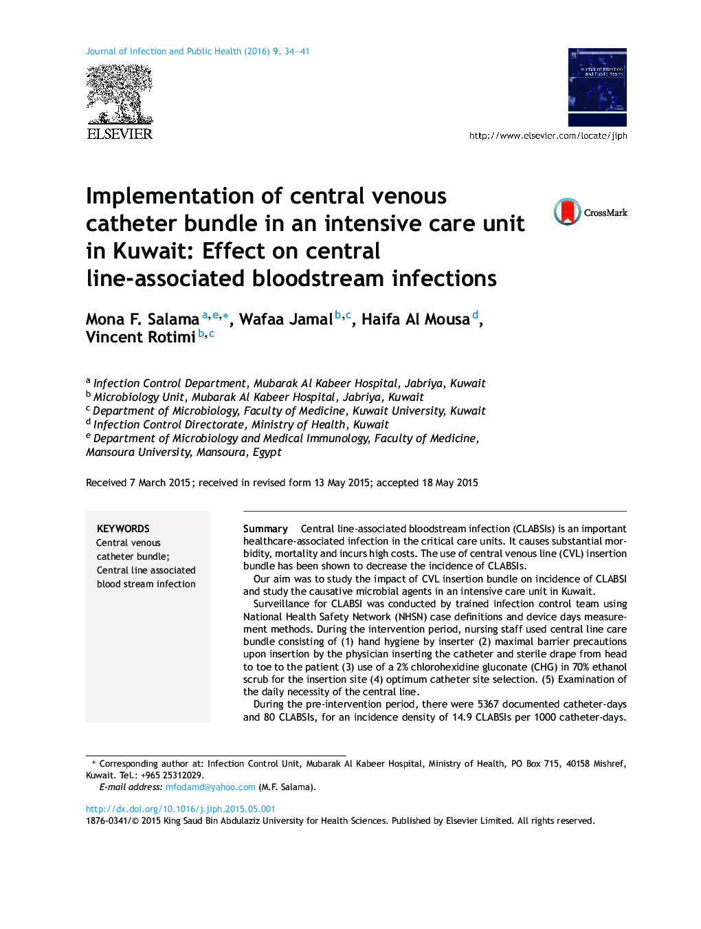 Implementation of central venous catheter bundle in an intensive care unit in Kuwait: Effect on central line-associated bloodstream infections