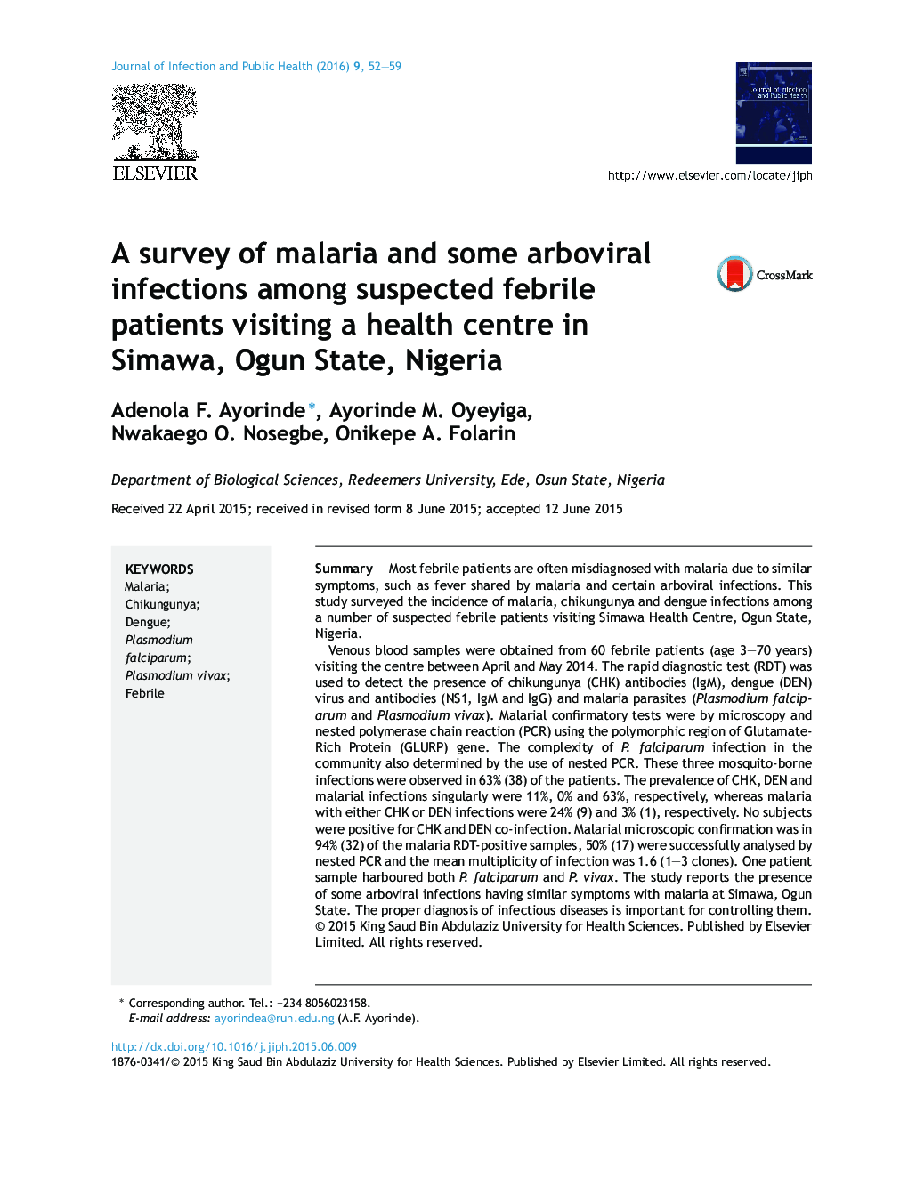 A survey of malaria and some arboviral infections among suspected febrile patients visiting a health centre in Simawa, Ogun State, Nigeria