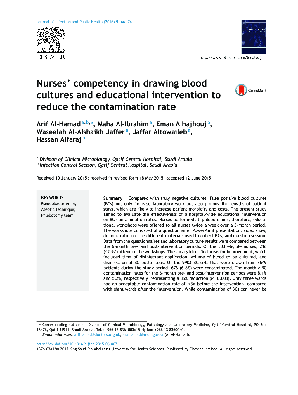 Nurses’ competency in drawing blood cultures and educational intervention to reduce the contamination rate