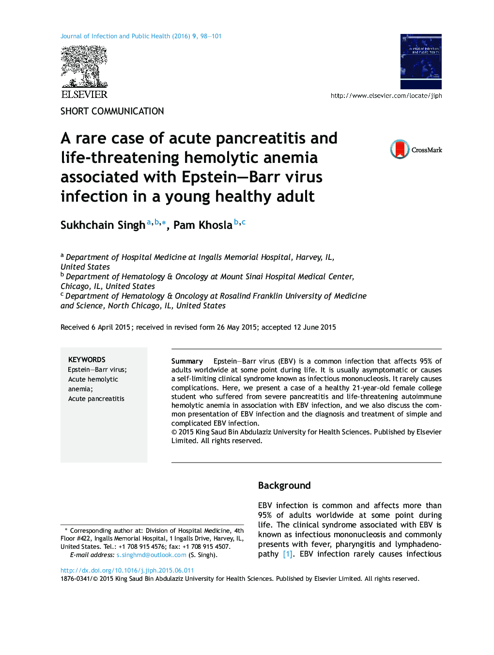 A rare case of acute pancreatitis and life-threatening hemolytic anemia associated with Epstein–Barr virus infection in a young healthy adult