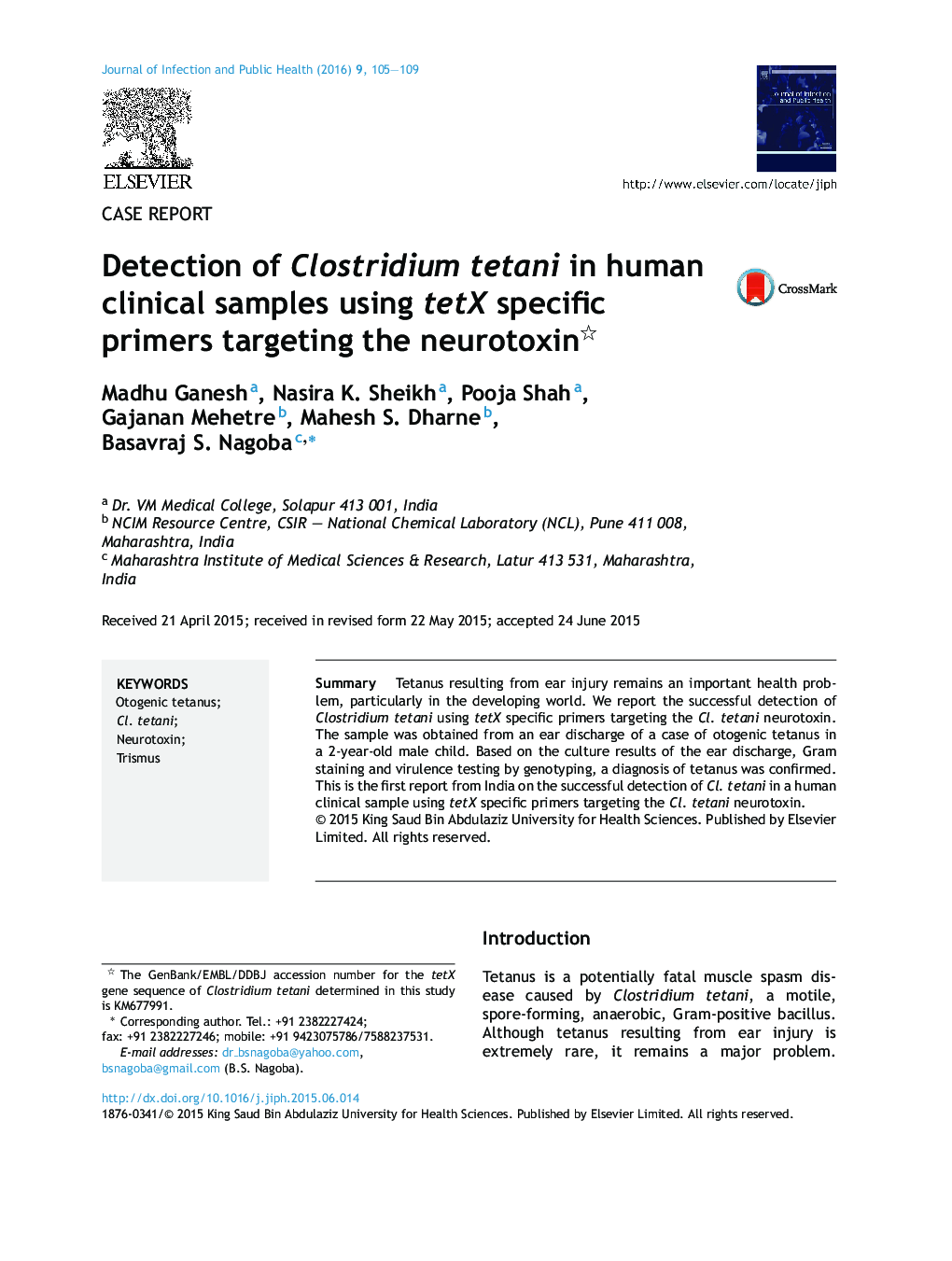 Detection of Clostridium tetani in human clinical samples using tetX specific primers targeting the neurotoxin 