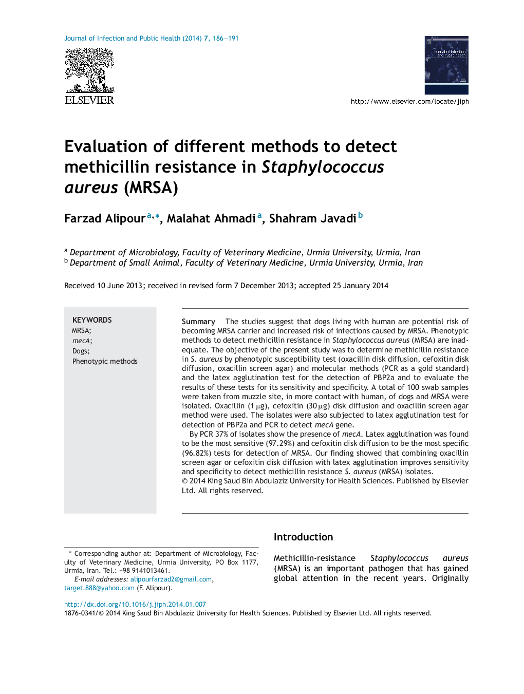 Evaluation of different methods to detect methicillin resistance in Staphylococcus aureus (MRSA)