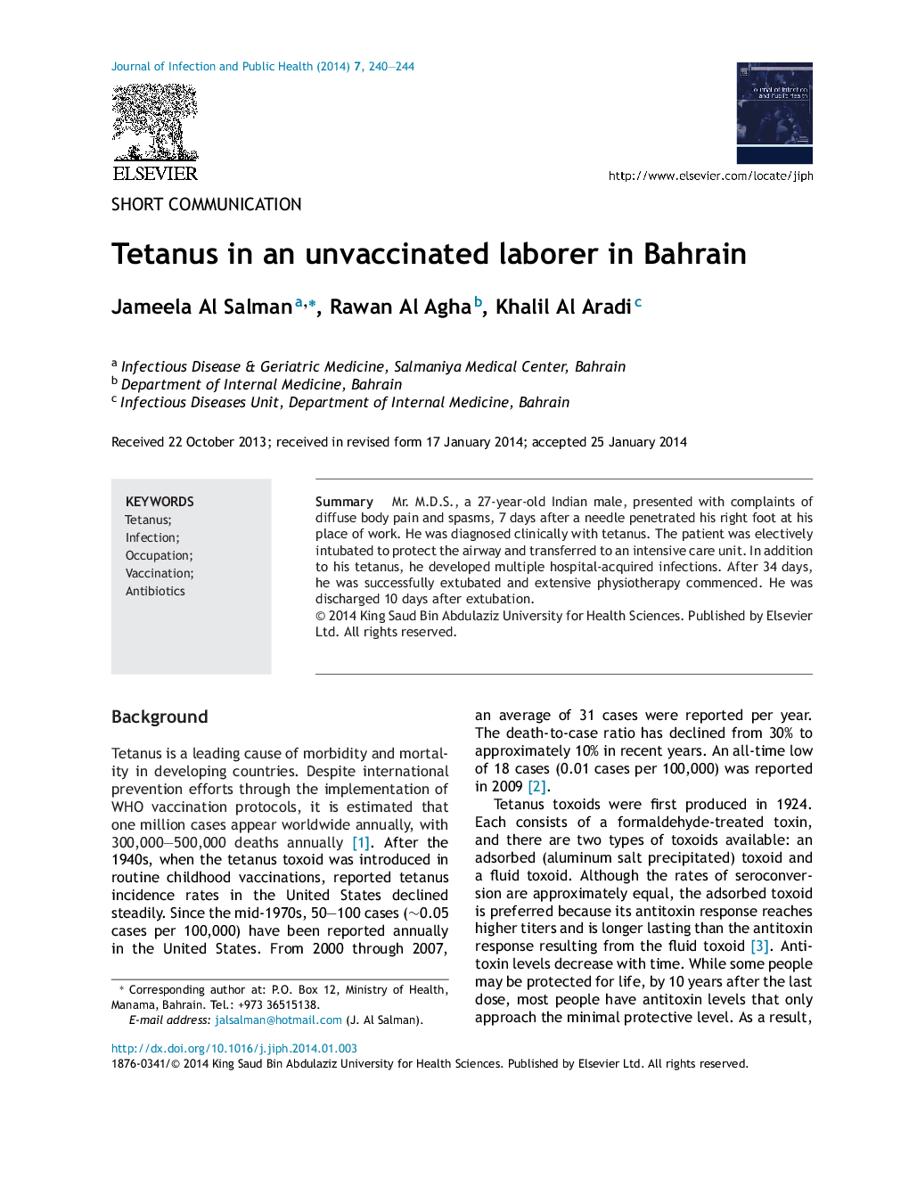 Tetanus in an unvaccinated laborer in Bahrain