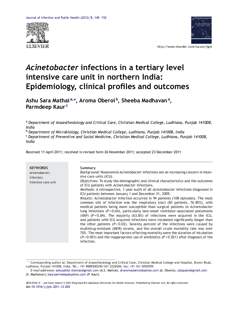 Acinetobacter infections in a tertiary level intensive care unit in northern India: Epidemiology, clinical profiles and outcomes