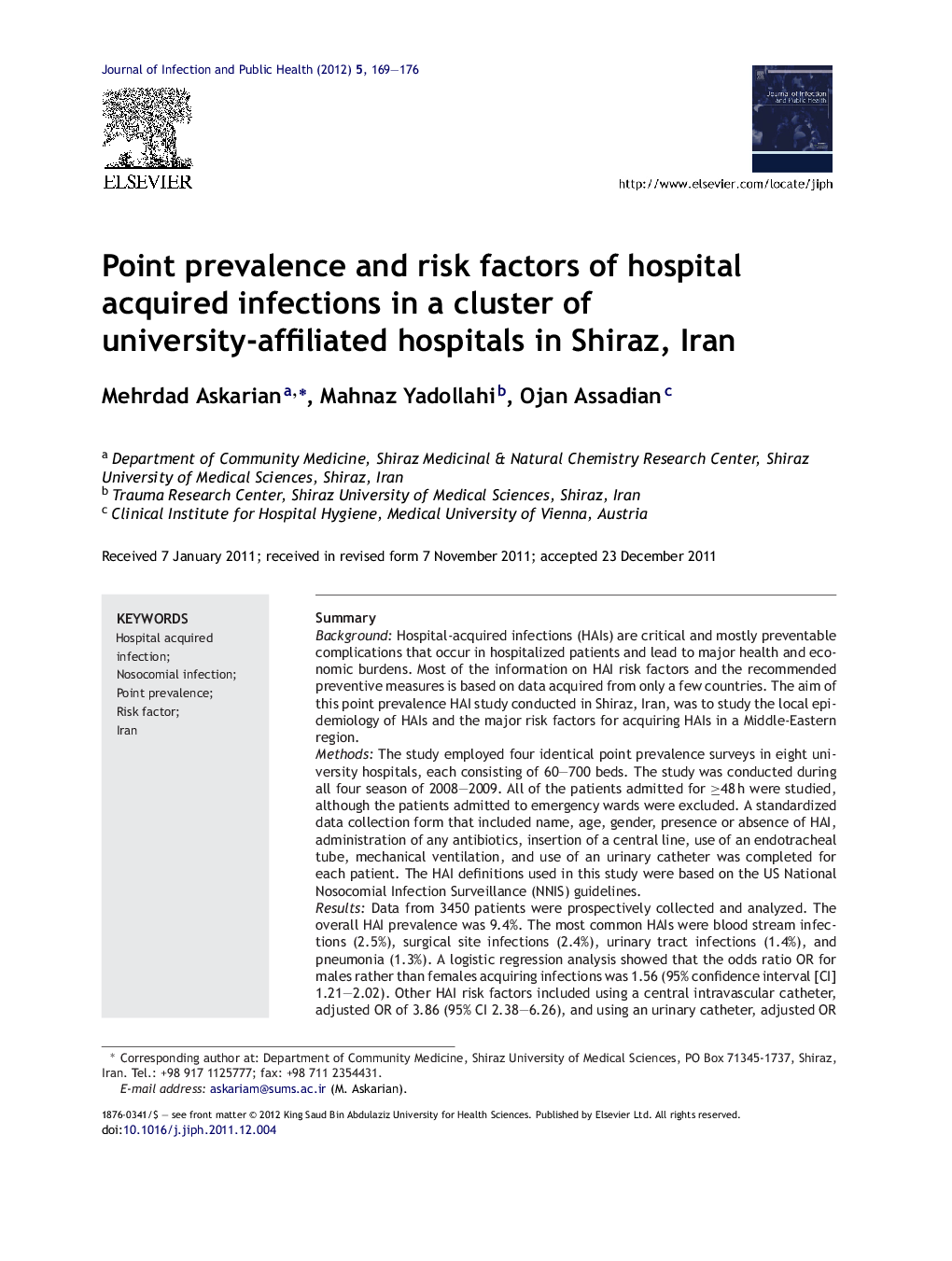 Point prevalence and risk factors of hospital acquired infections in a cluster of university-affiliated hospitals in Shiraz, Iran