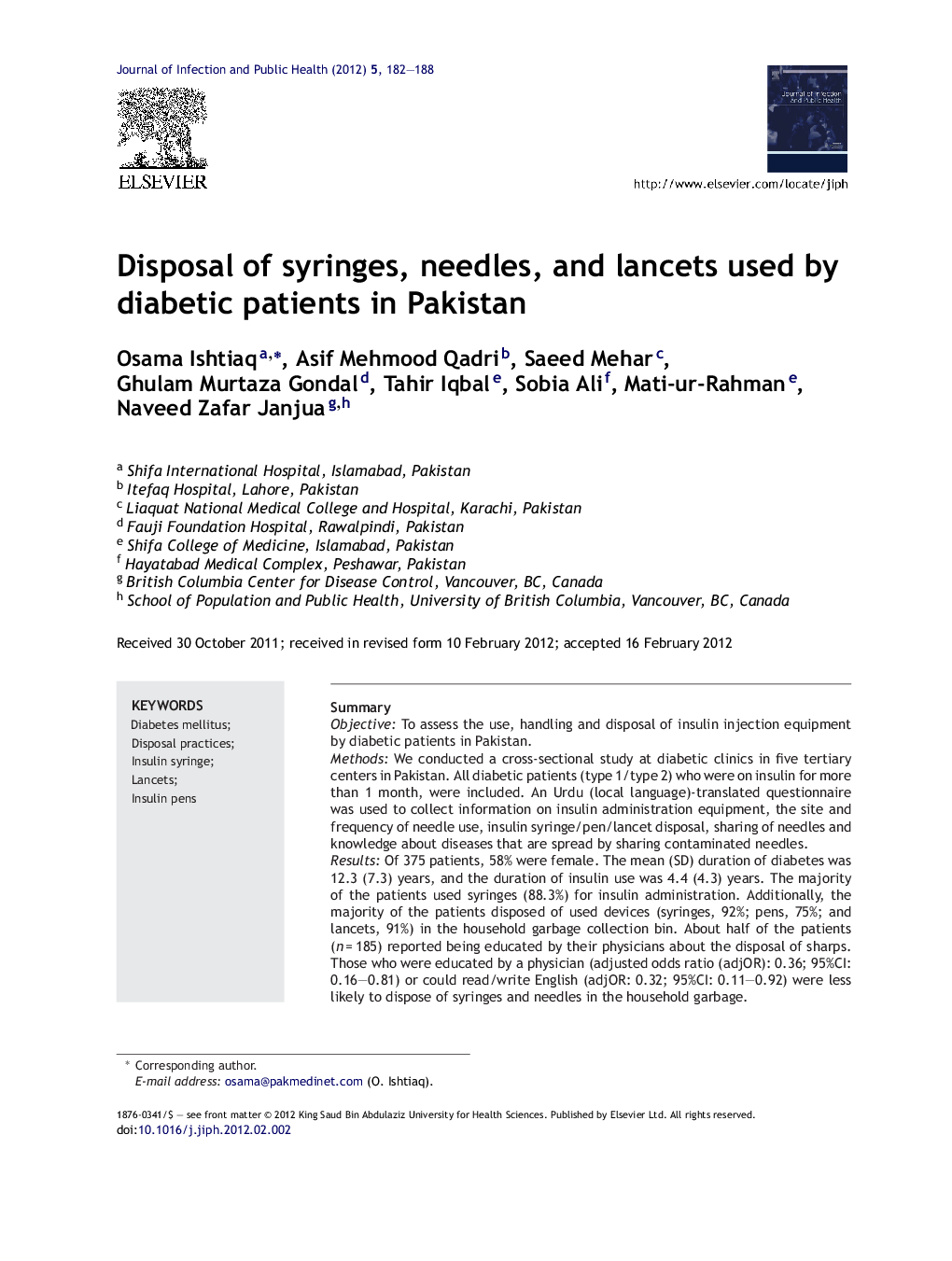 Disposal of syringes, needles, and lancets used by diabetic patients in Pakistan