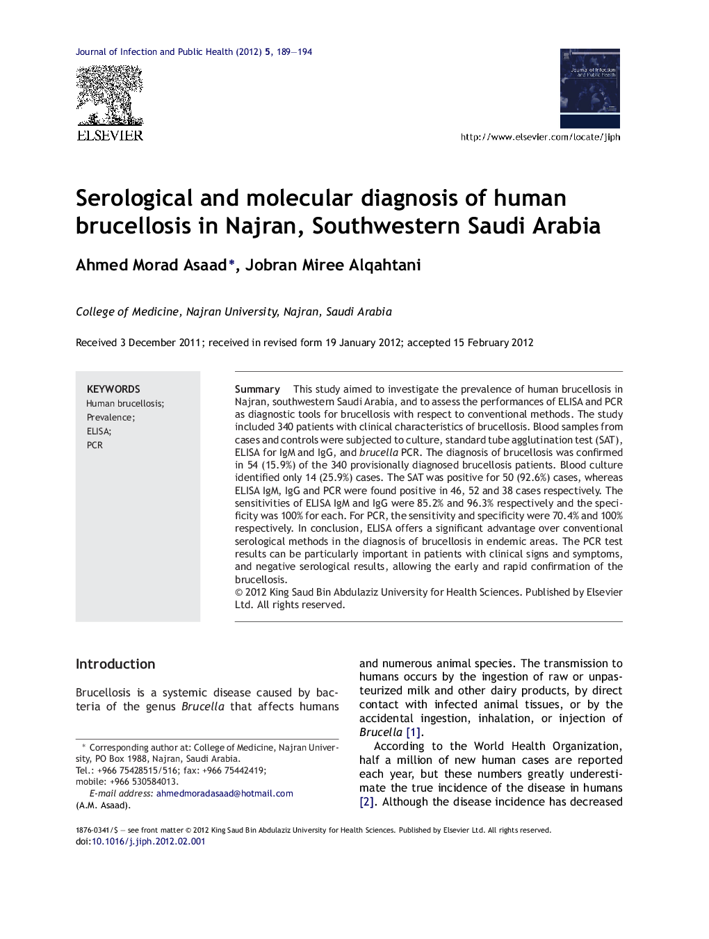 Serological and molecular diagnosis of human brucellosis in Najran, Southwestern Saudi Arabia