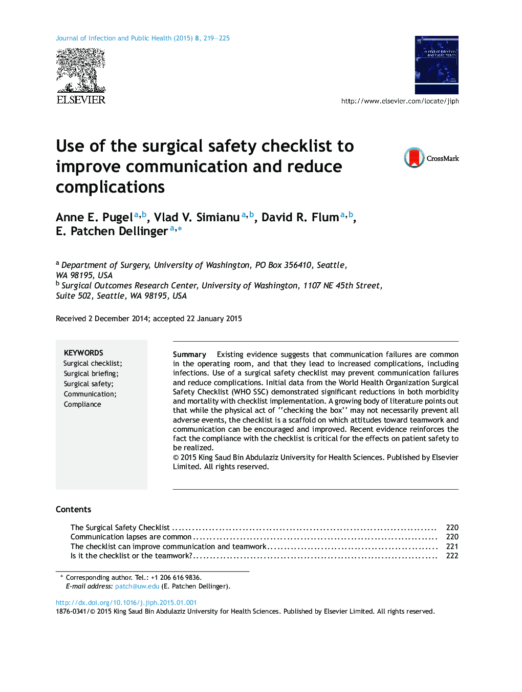 Use of the surgical safety checklist to improve communication and reduce complications