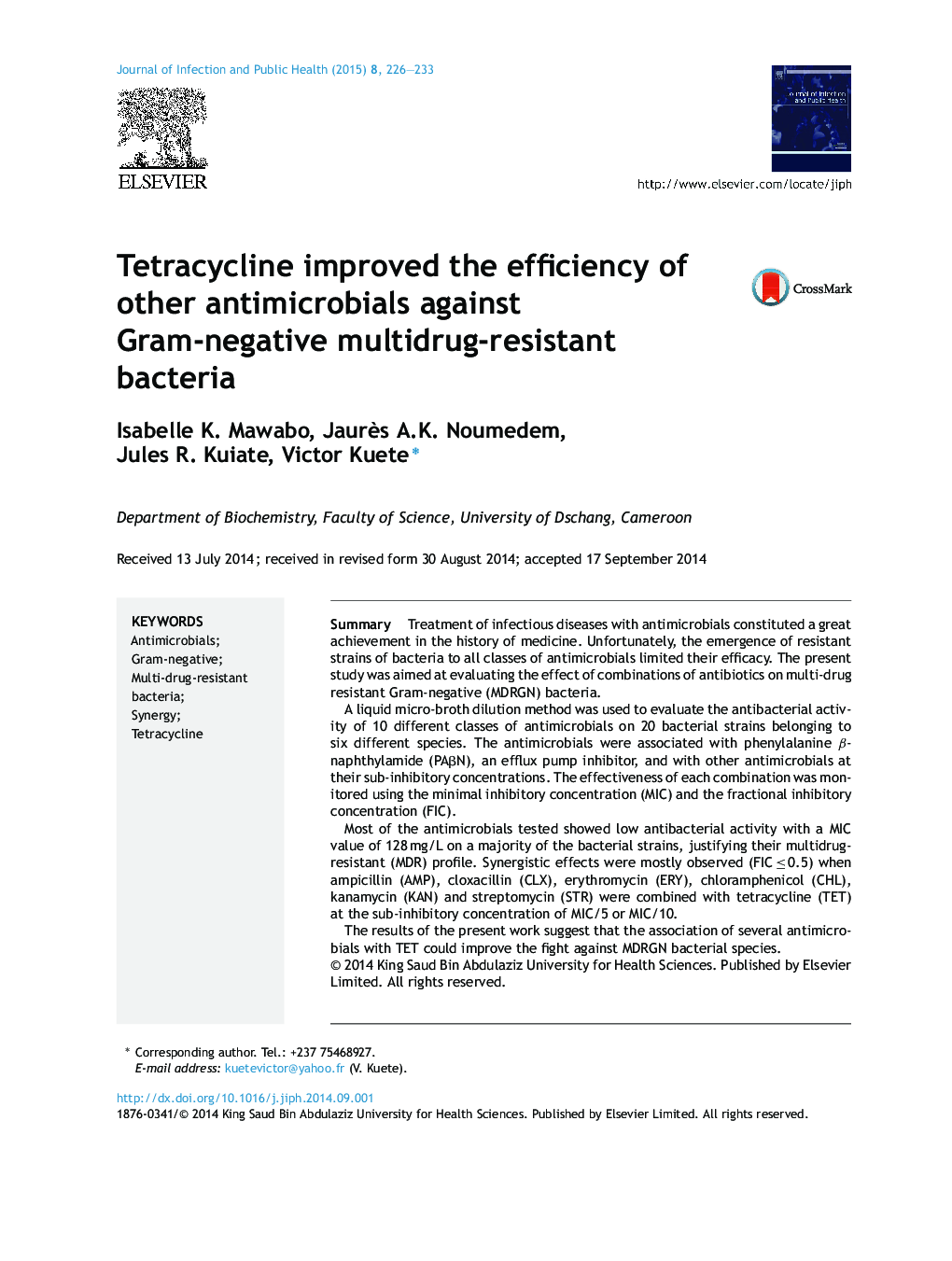 Tetracycline improved the efficiency of other antimicrobials against Gram-negative multidrug-resistant bacteria