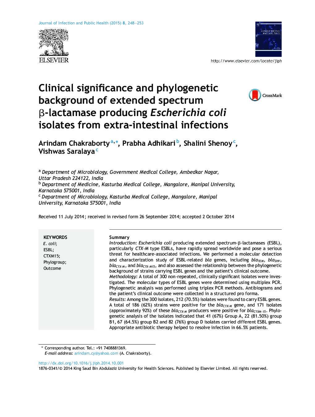 Clinical significance and phylogenetic background of extended spectrum β-lactamase producing Escherichia coli isolates from extra-intestinal infections