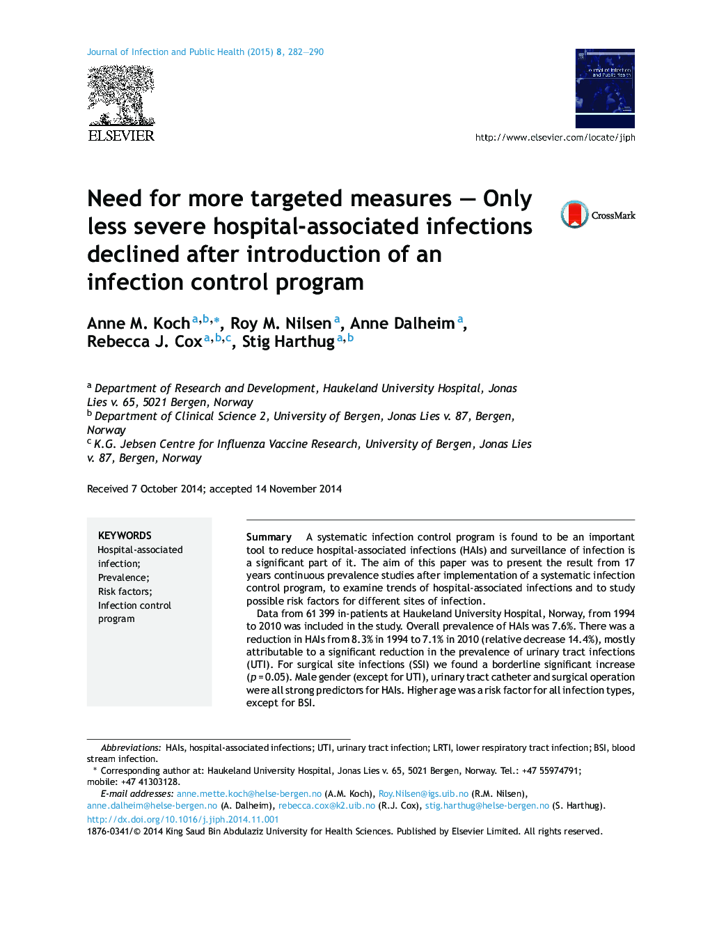 Need for more targeted measures – Only less severe hospital-associated infections declined after introduction of an infection control program