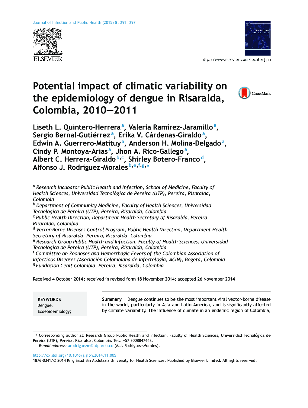 Potential impact of climatic variability on the epidemiology of dengue in Risaralda, Colombia, 2010–2011