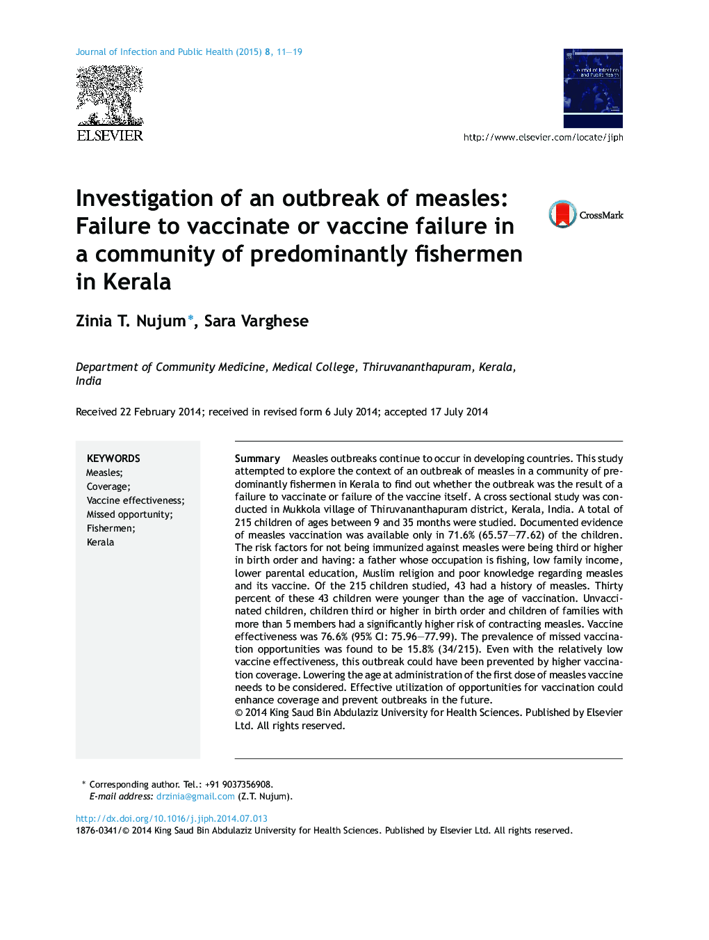 Investigation of an outbreak of measles: Failure to vaccinate or vaccine failure in a community of predominantly fishermen in Kerala