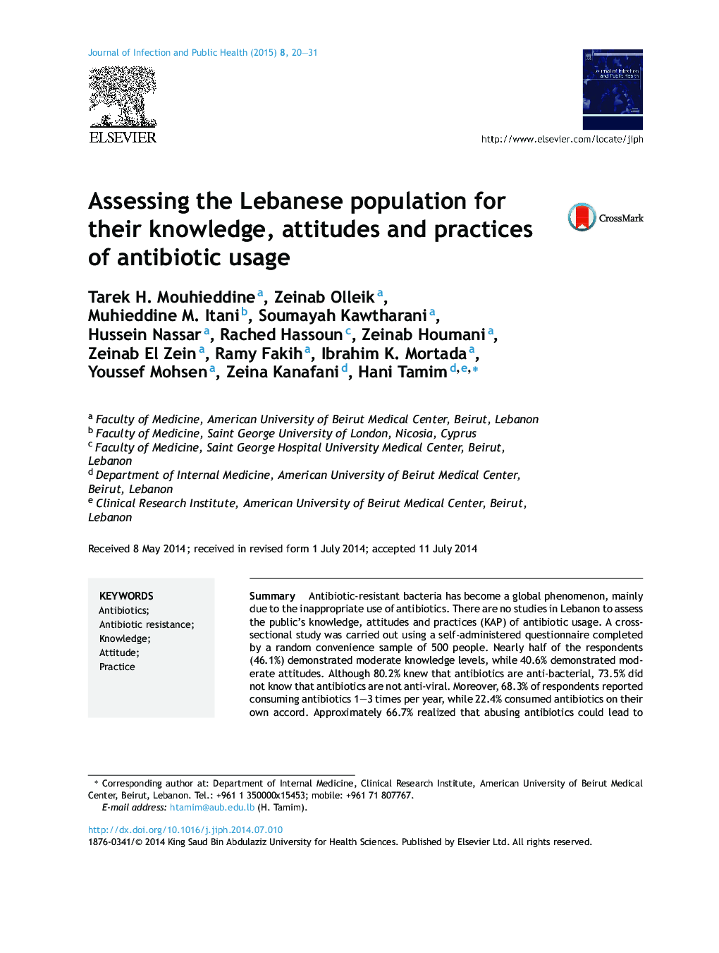 Assessing the Lebanese population for their knowledge, attitudes and practices of antibiotic usage