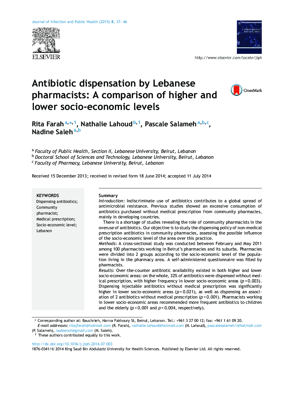 Antibiotic dispensation by Lebanese pharmacists: A comparison of higher and lower socio-economic levels