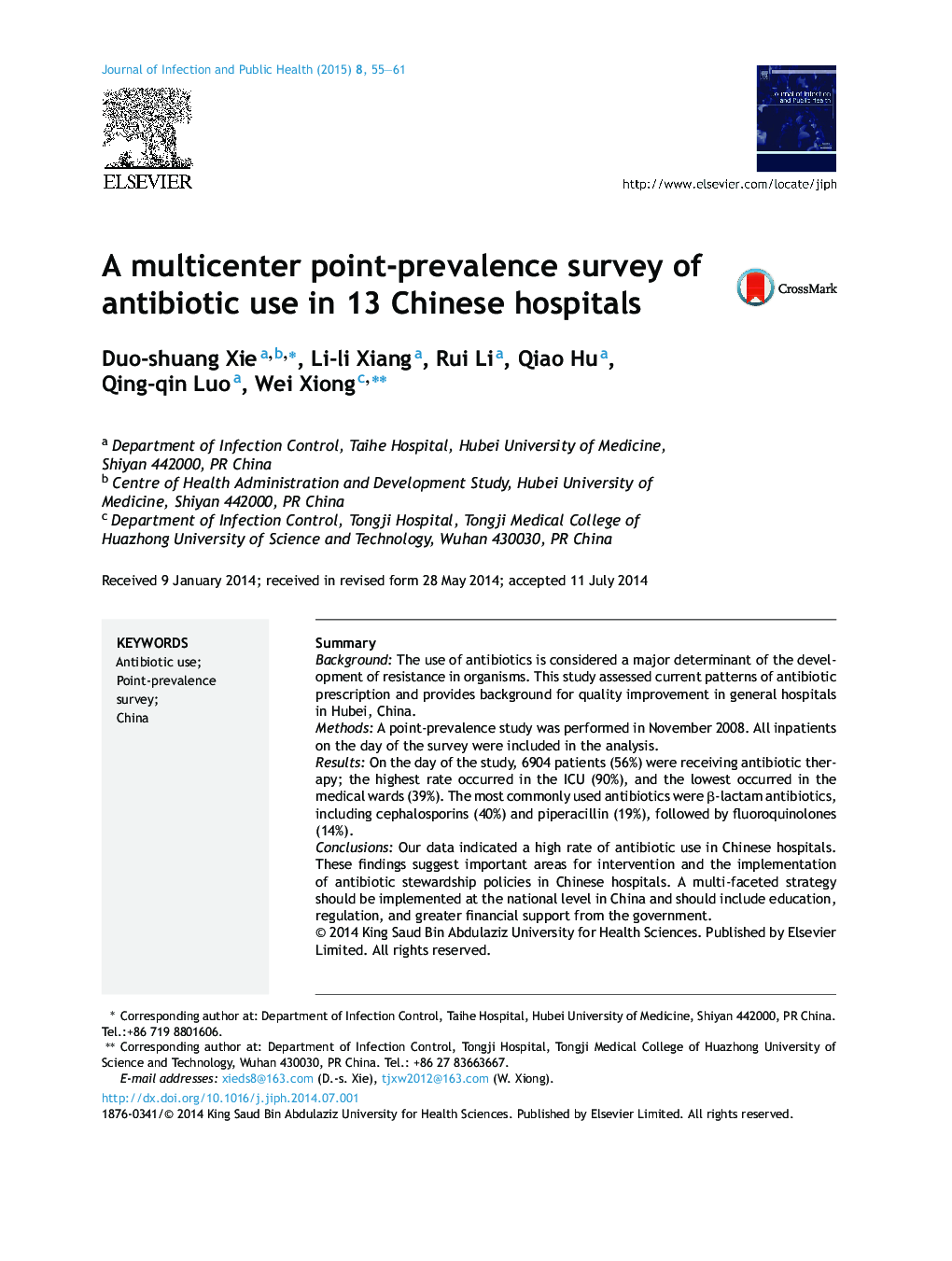A multicenter point-prevalence survey of antibiotic use in 13 Chinese hospitals
