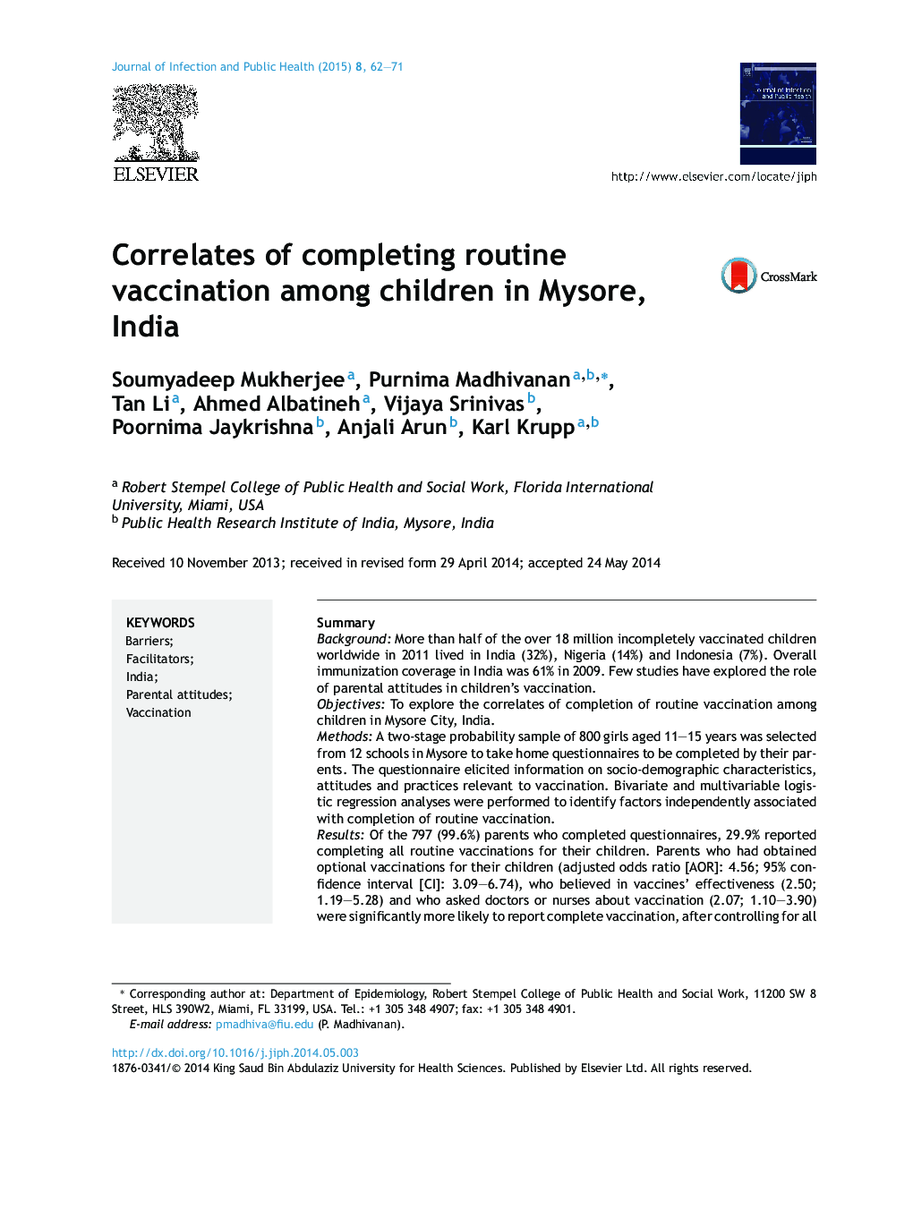 Correlates of completing routine vaccination among children in Mysore, India