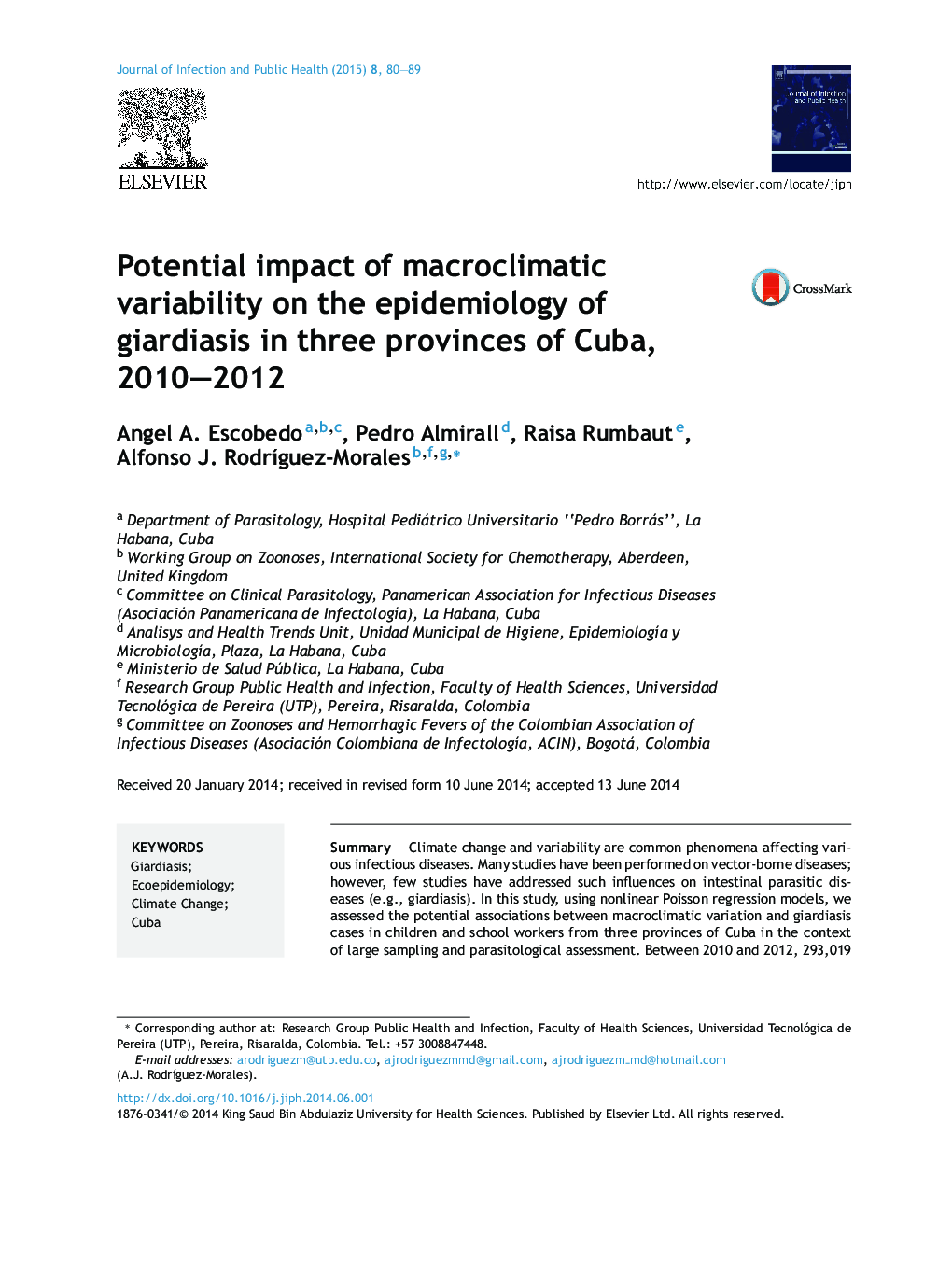 Potential impact of macroclimatic variability on the epidemiology of giardiasis in three provinces of Cuba, 2010–2012