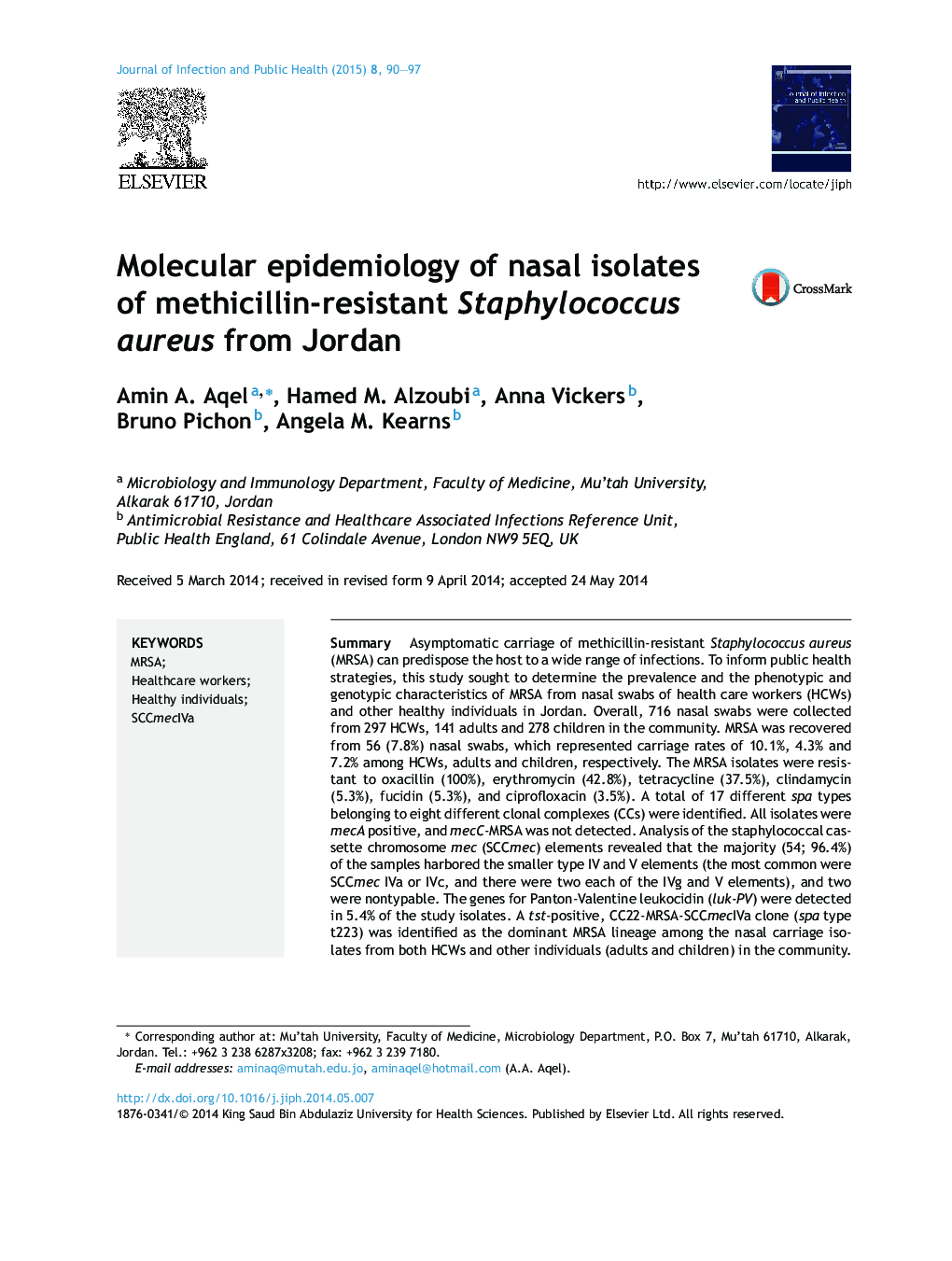 Molecular epidemiology of nasal isolates of methicillin-resistant Staphylococcus aureus from Jordan