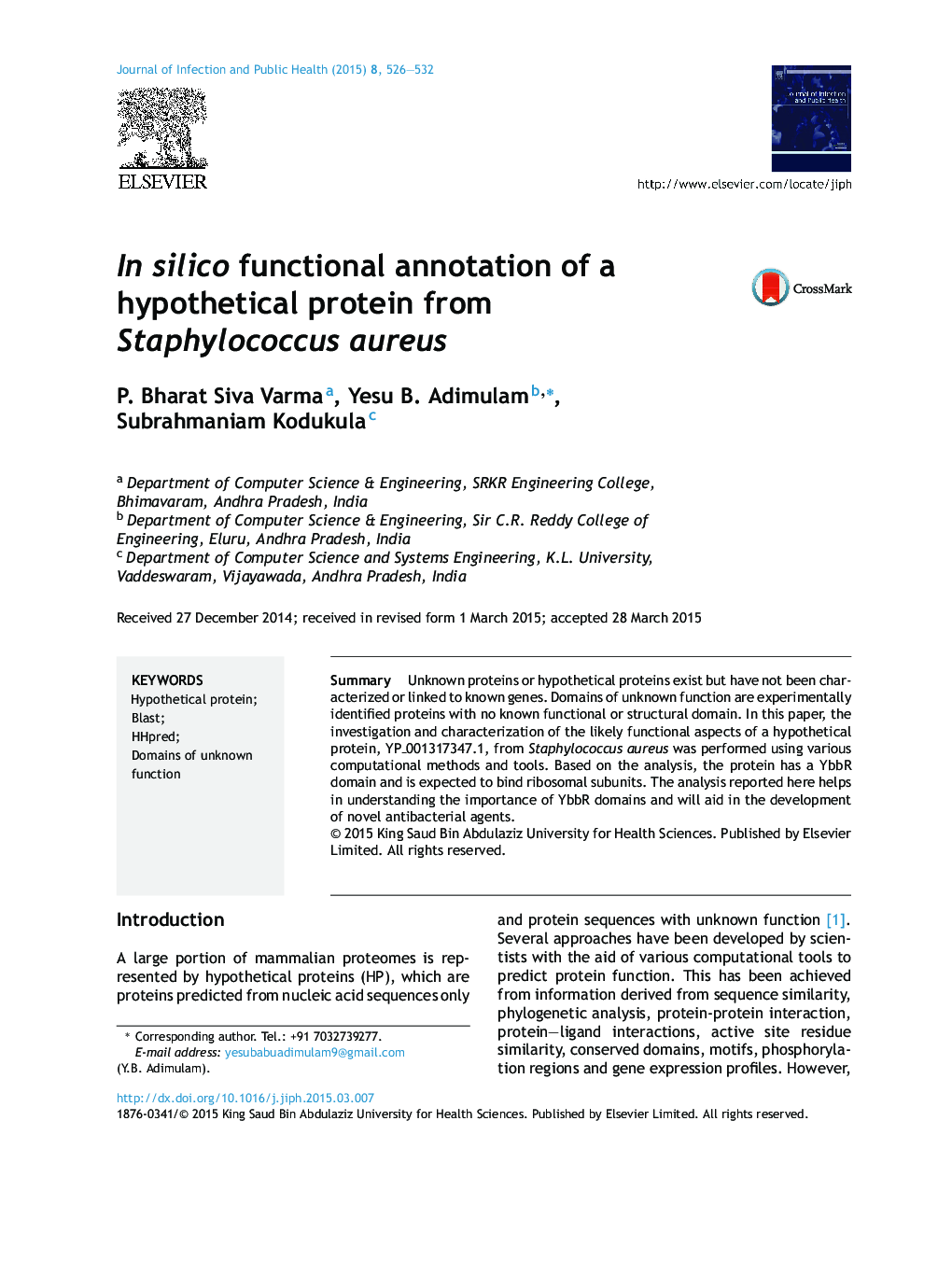 In silico functional annotation of a hypothetical protein from Staphylococcus aureus