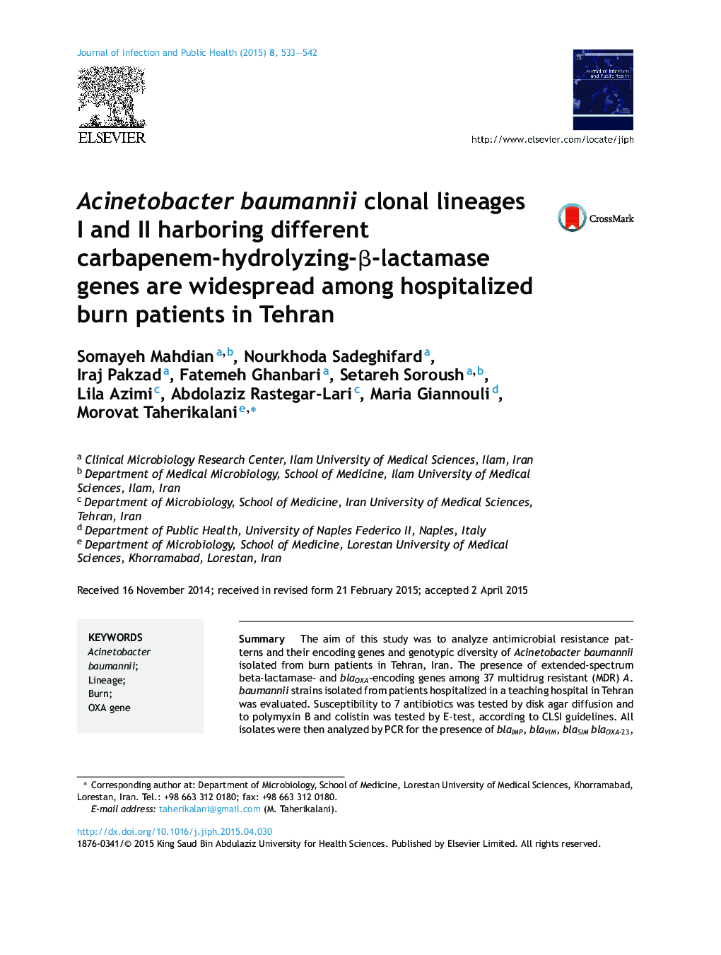 Acinetobacter baumannii clonal lineages I and II harboring different carbapenem-hydrolyzing-β-lactamase genes are widespread among hospitalized burn patients in Tehran