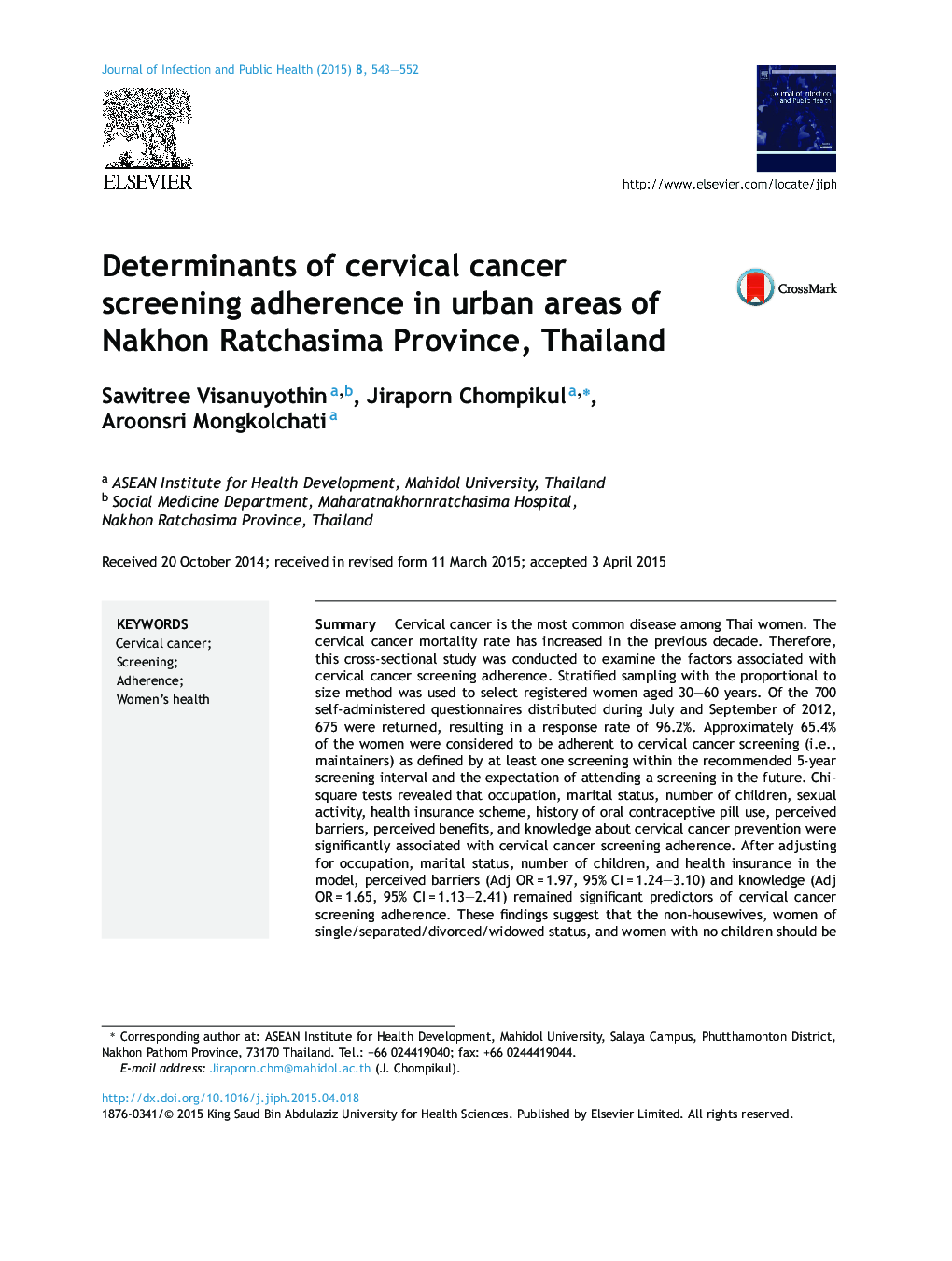 Determinants of cervical cancer screening adherence in urban areas of Nakhon Ratchasima Province, Thailand