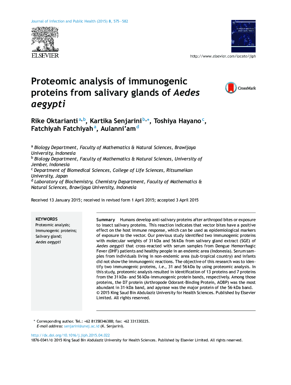 Proteomic analysis of immunogenic proteins from salivary glands of Aedes aegypti