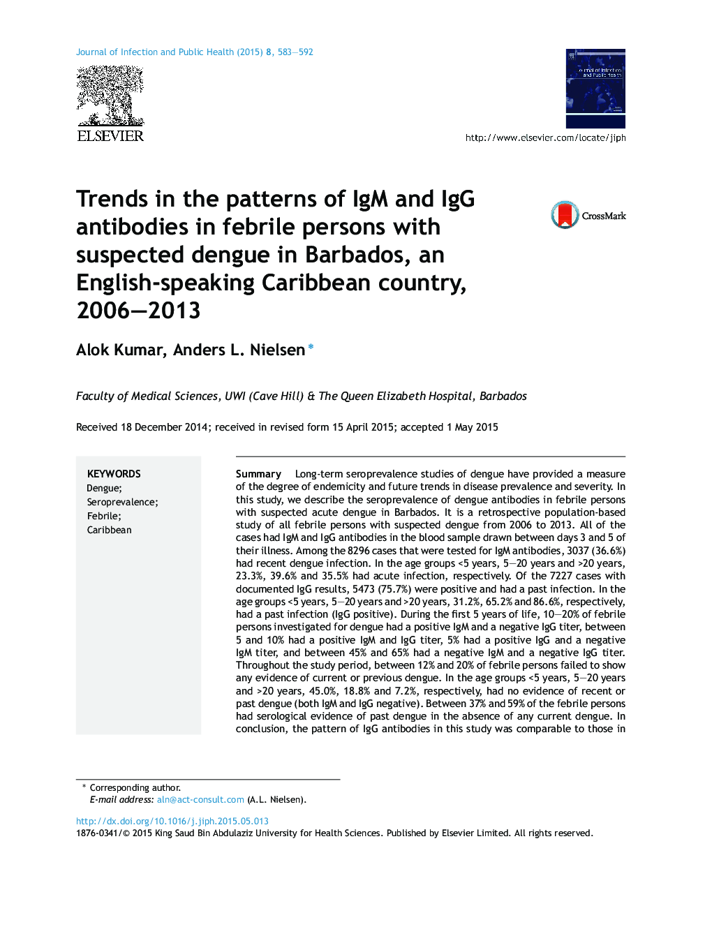 Trends in the patterns of IgM and IgG antibodies in febrile persons with suspected dengue in Barbados, an English-speaking Caribbean country, 2006–2013