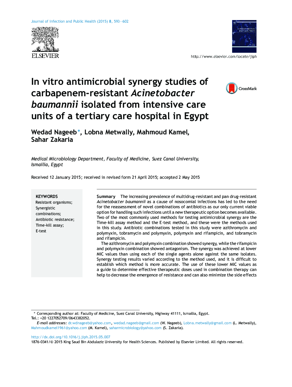 In vitro antimicrobial synergy studies of carbapenem-resistant Acinetobacter baumannii isolated from intensive care units of a tertiary care hospital in Egypt