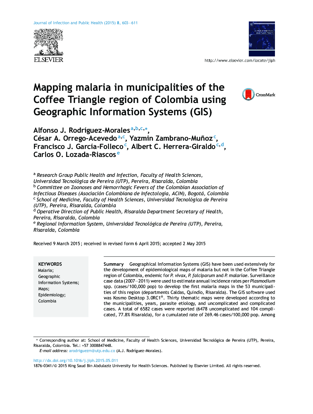 Mapping malaria in municipalities of the Coffee Triangle region of Colombia using Geographic Information Systems (GIS)