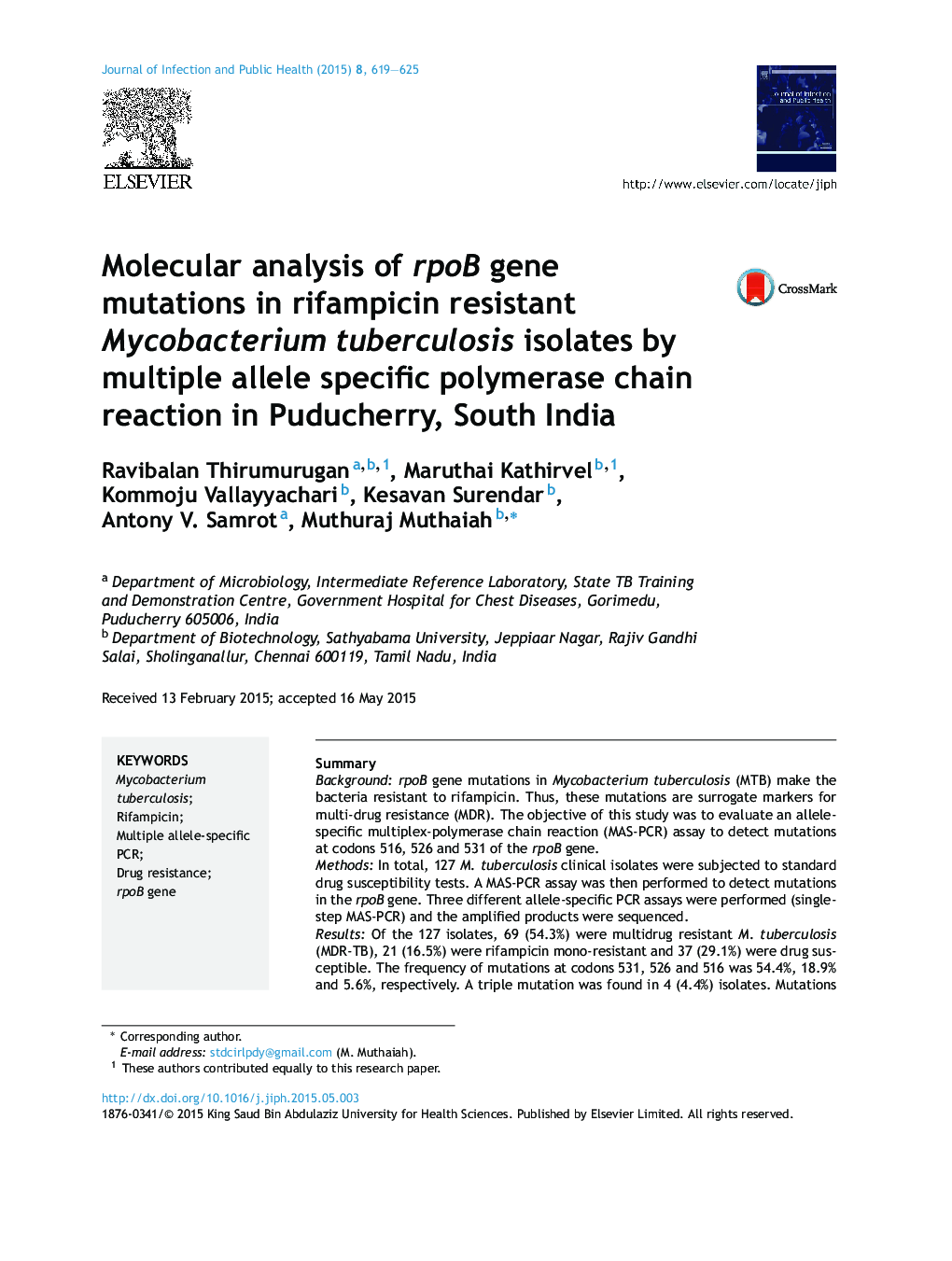 Molecular analysis of rpoB gene mutations in rifampicin resistant Mycobacterium tuberculosis isolates by multiple allele specific polymerase chain reaction in Puducherry, South India