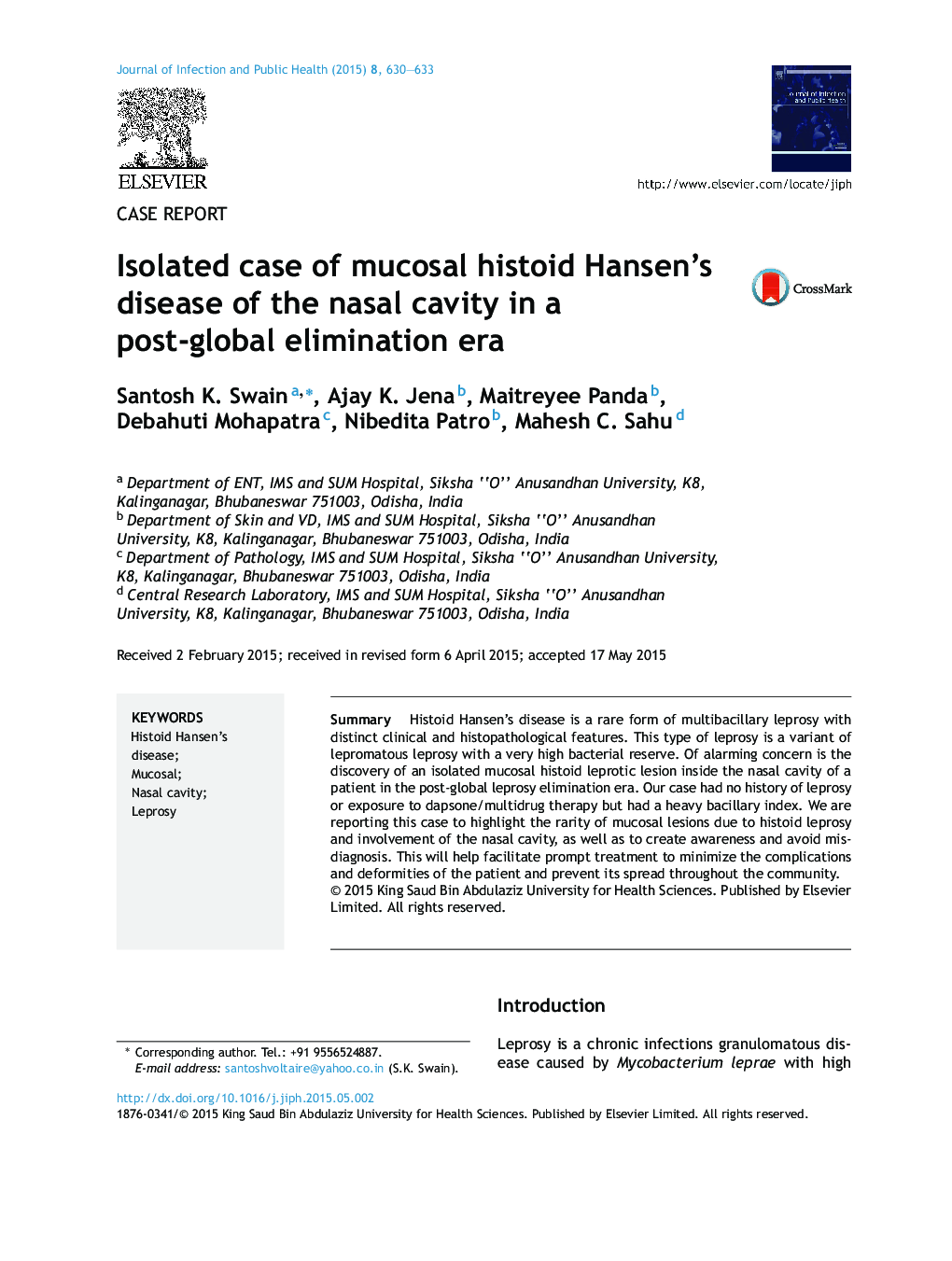 Isolated case of mucosal histoid Hansen's disease of the nasal cavity in a post-global elimination era