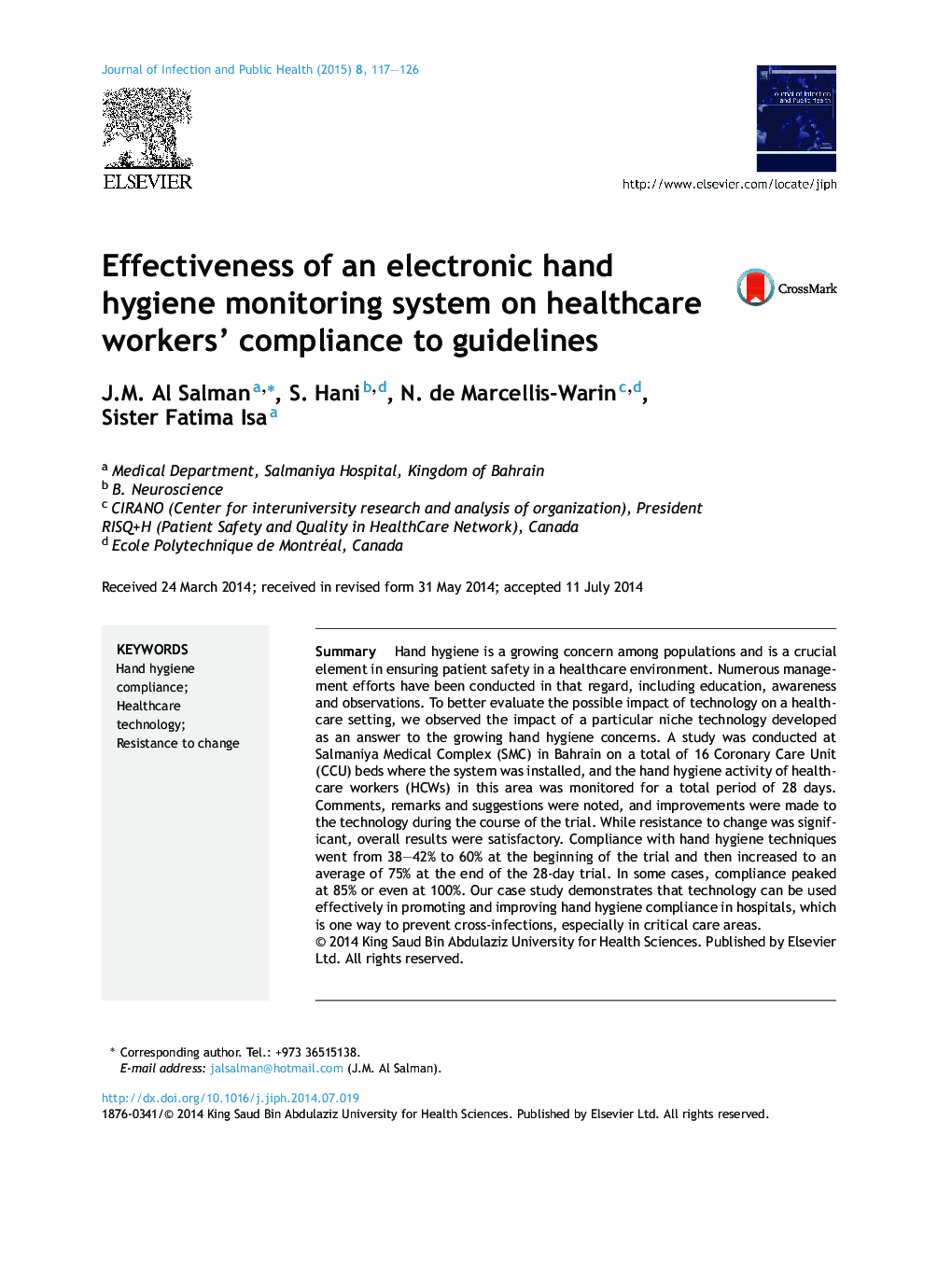 Effectiveness of an electronic hand hygiene monitoring system on healthcare workers’ compliance to guidelines