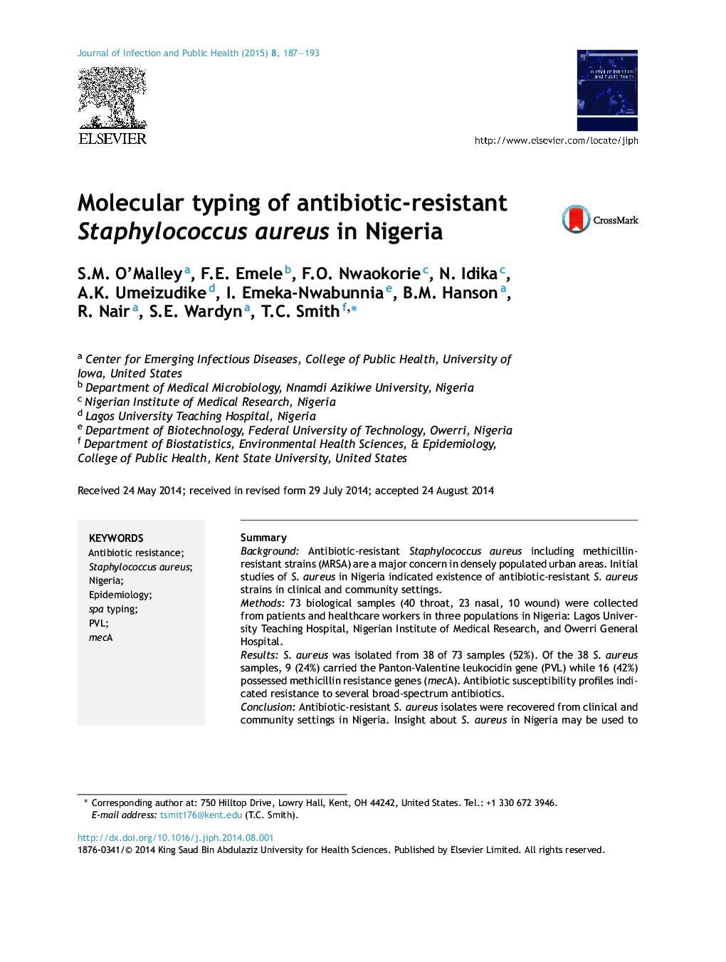 Molecular typing of antibiotic-resistant Staphylococcus aureus in Nigeria