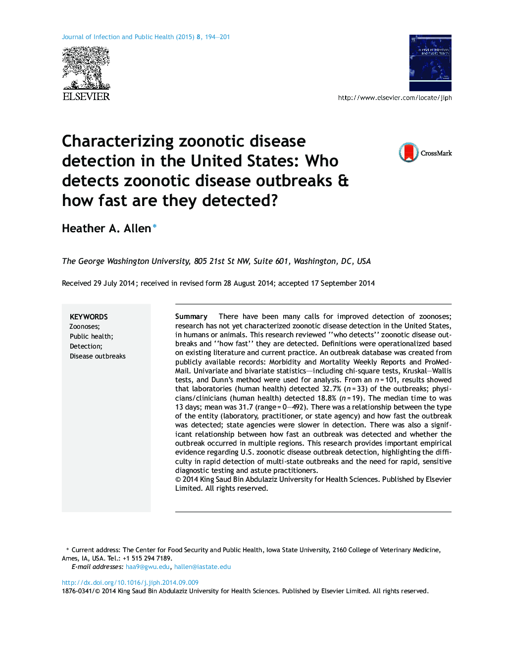 Characterizing zoonotic disease detection in the United States: Who detects zoonotic disease outbreaks & how fast are they detected?