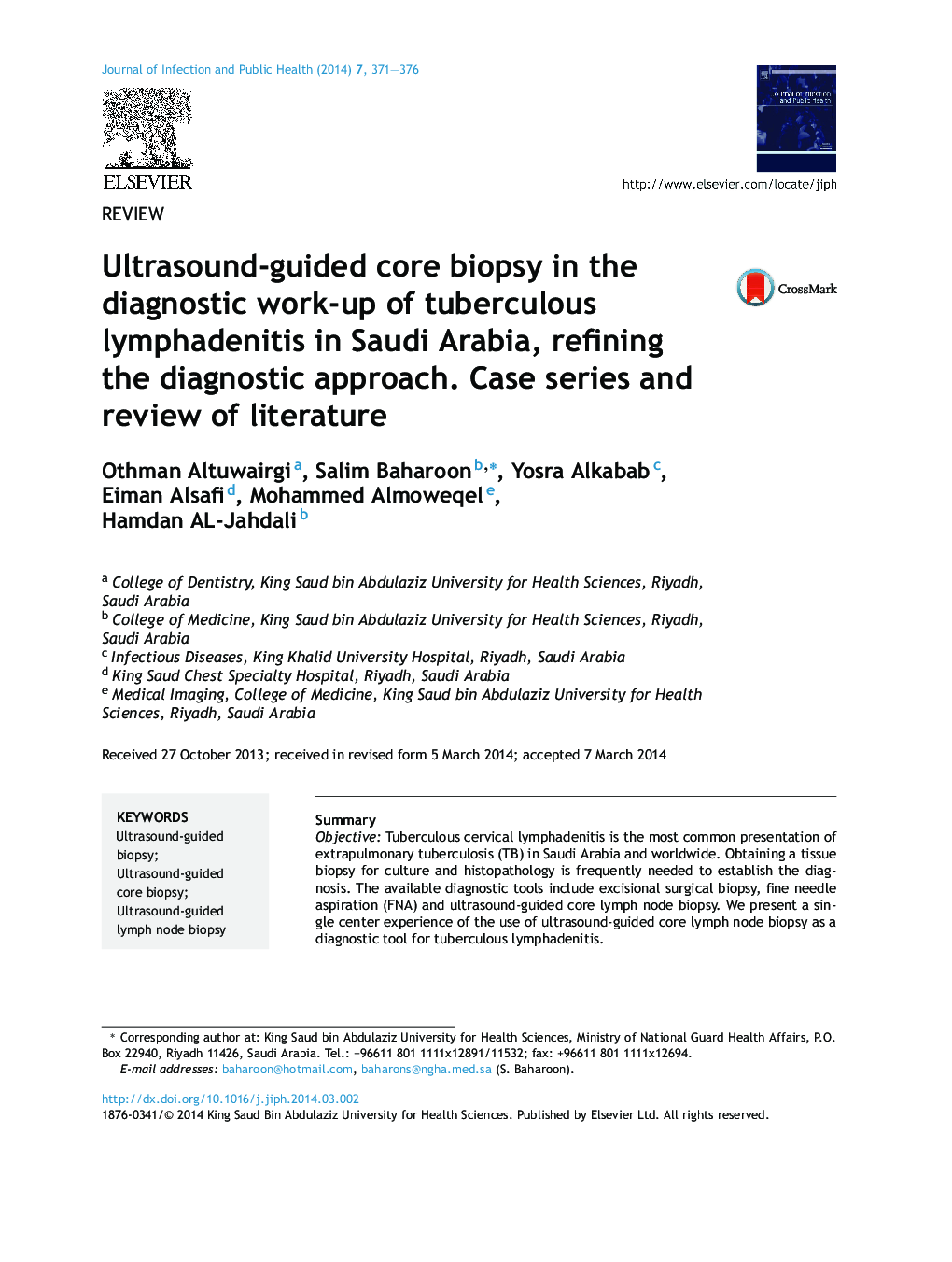 Ultrasound-guided core biopsy in the diagnostic work-up of tuberculous lymphadenitis in Saudi Arabia, refining the diagnostic approach. Case series and review of literature