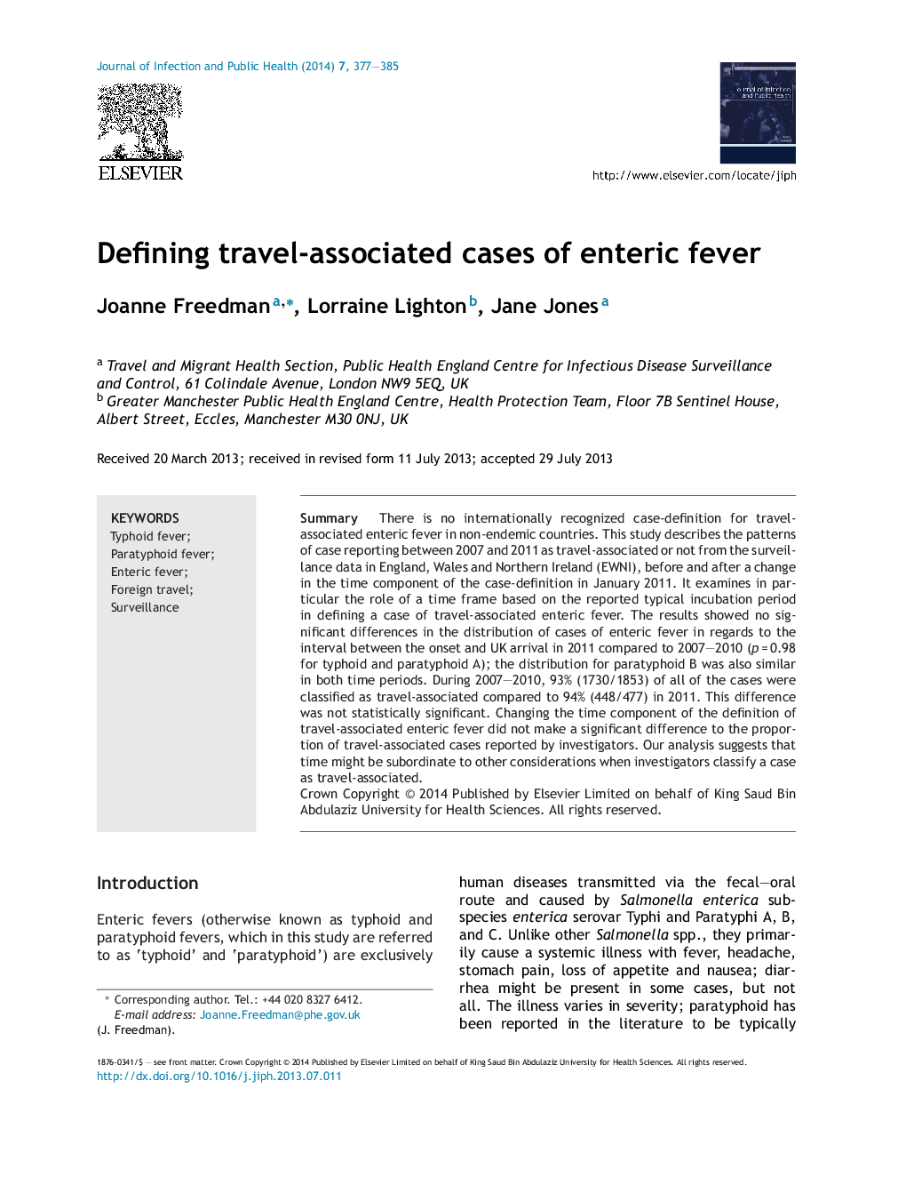 Defining travel-associated cases of enteric fever