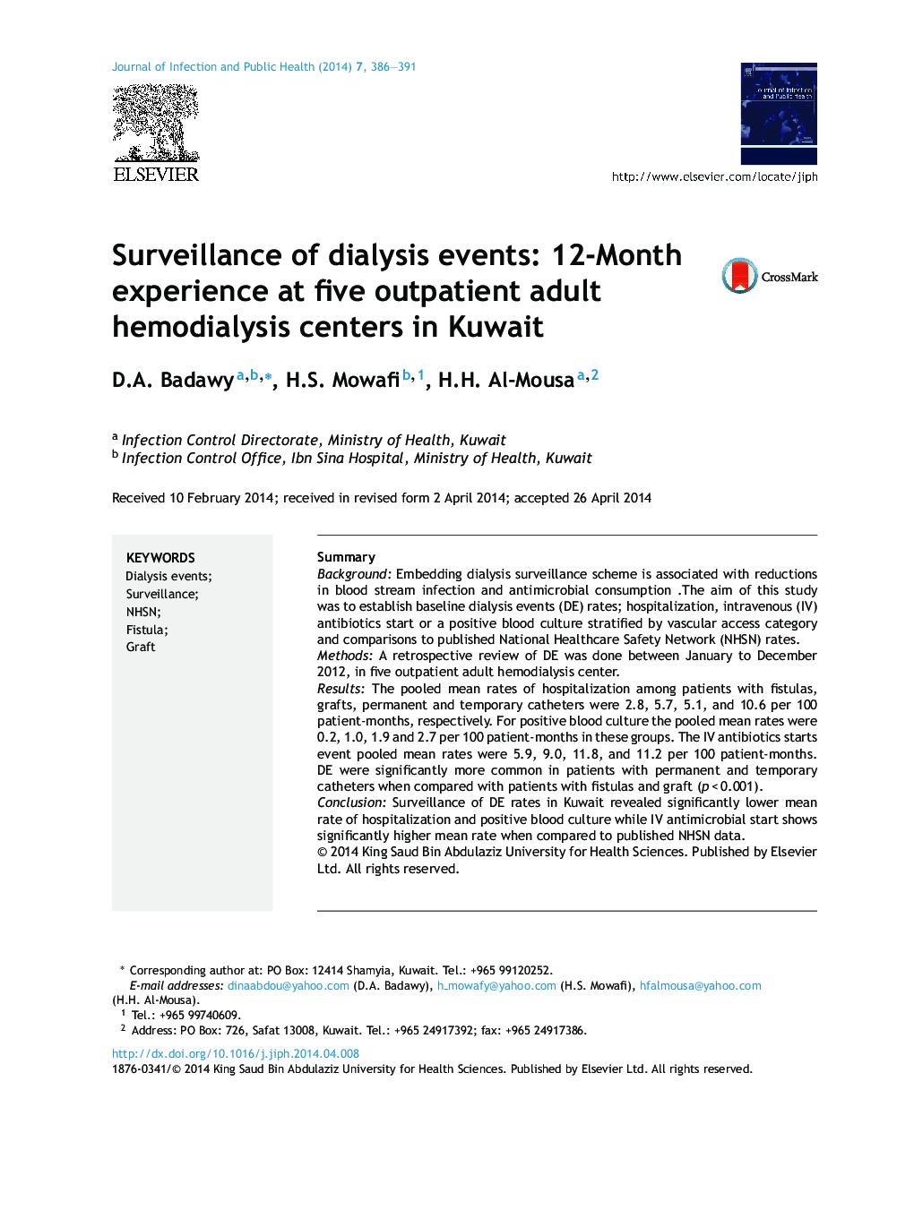 Surveillance of dialysis events: 12-Month experience at five outpatient adult hemodialysis centers in Kuwait