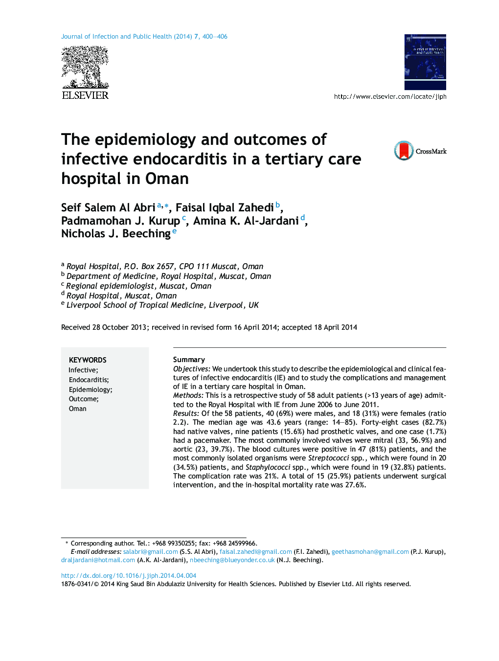 The epidemiology and outcomes of infective endocarditis in a tertiary care hospital in Oman